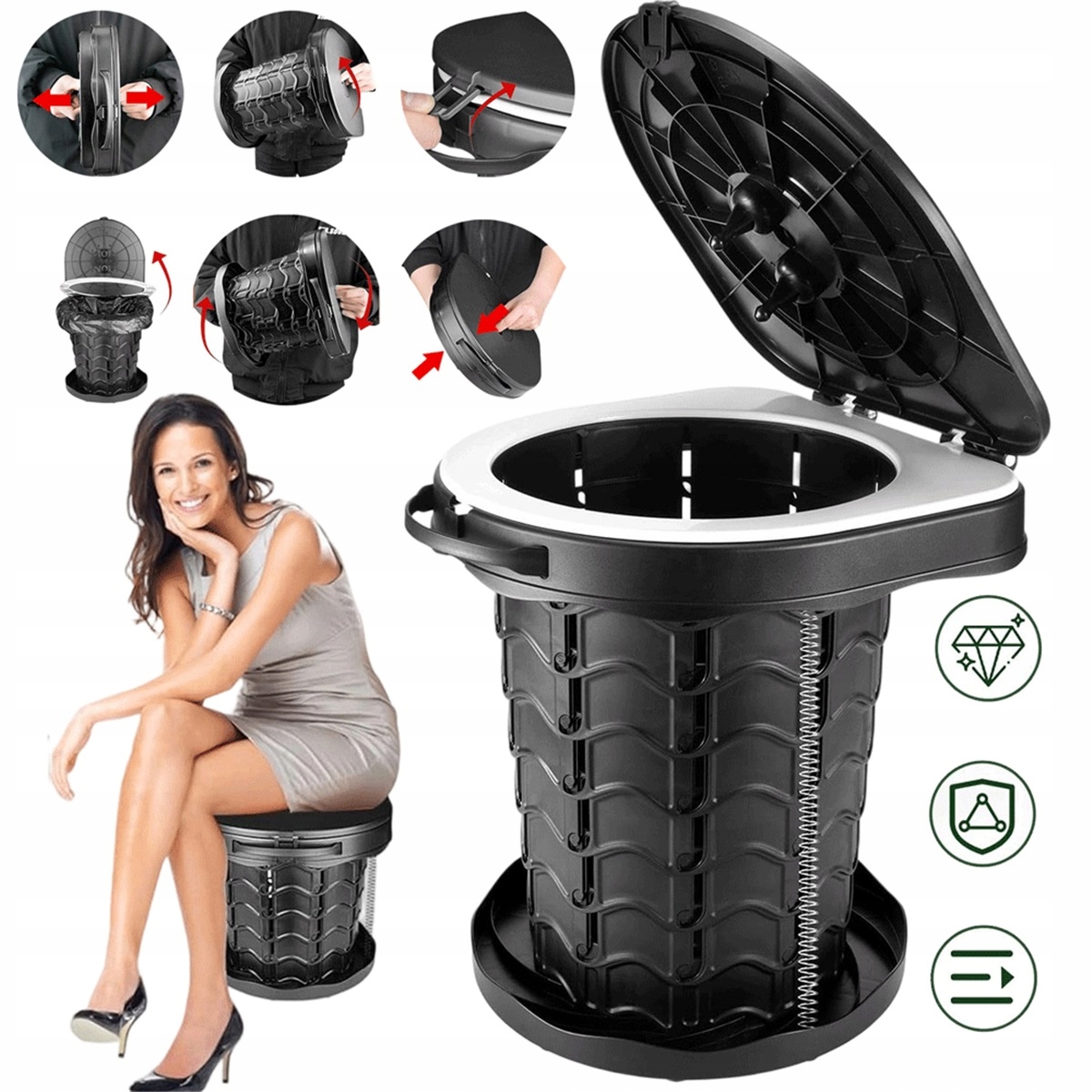 Přenosná Turistická Toaleta S Víkem 180 Kg, Odolnost Černá