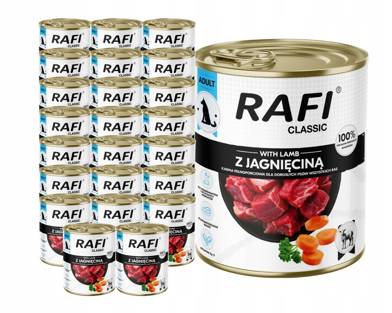 Vlhké krmivo pro psy Rafi Classic Jehněčí 24x800g Dolina Noteci