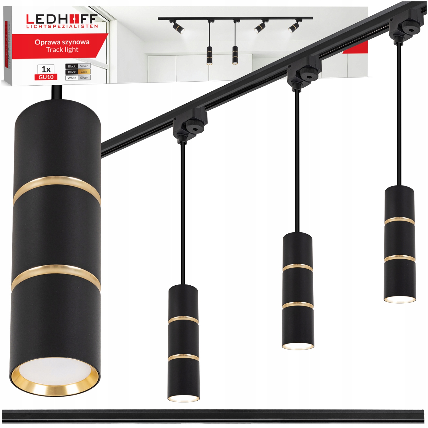 Kolejnicové osvětlení Szyna 1 m 3x Led závěsná lampa Tuba GU10 černá Zlatá
