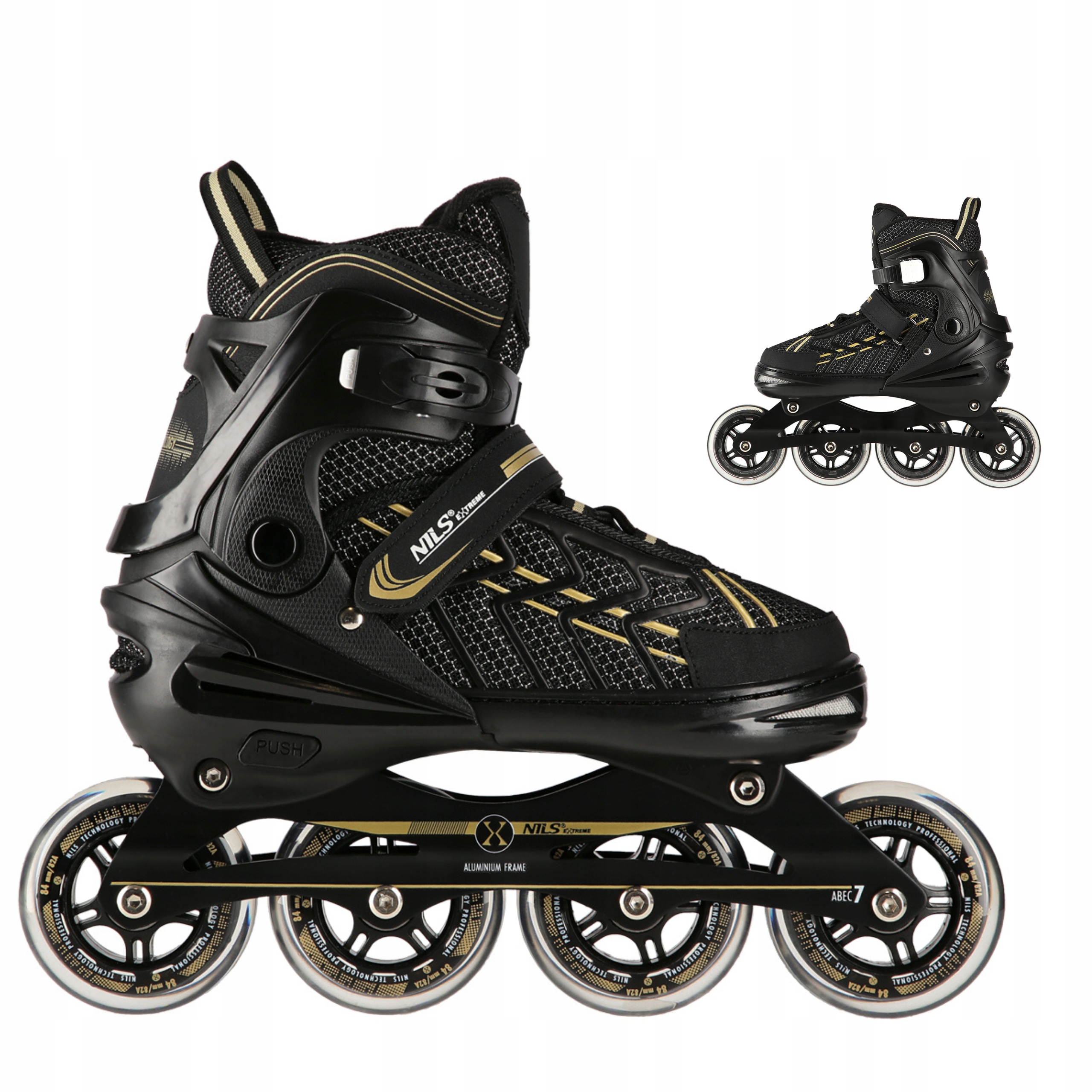 Brusle 2v1 Fitness Nastavitelné Kolečkové Brusle Černo-zlaté ABEC7 39-42 Nils Extreme