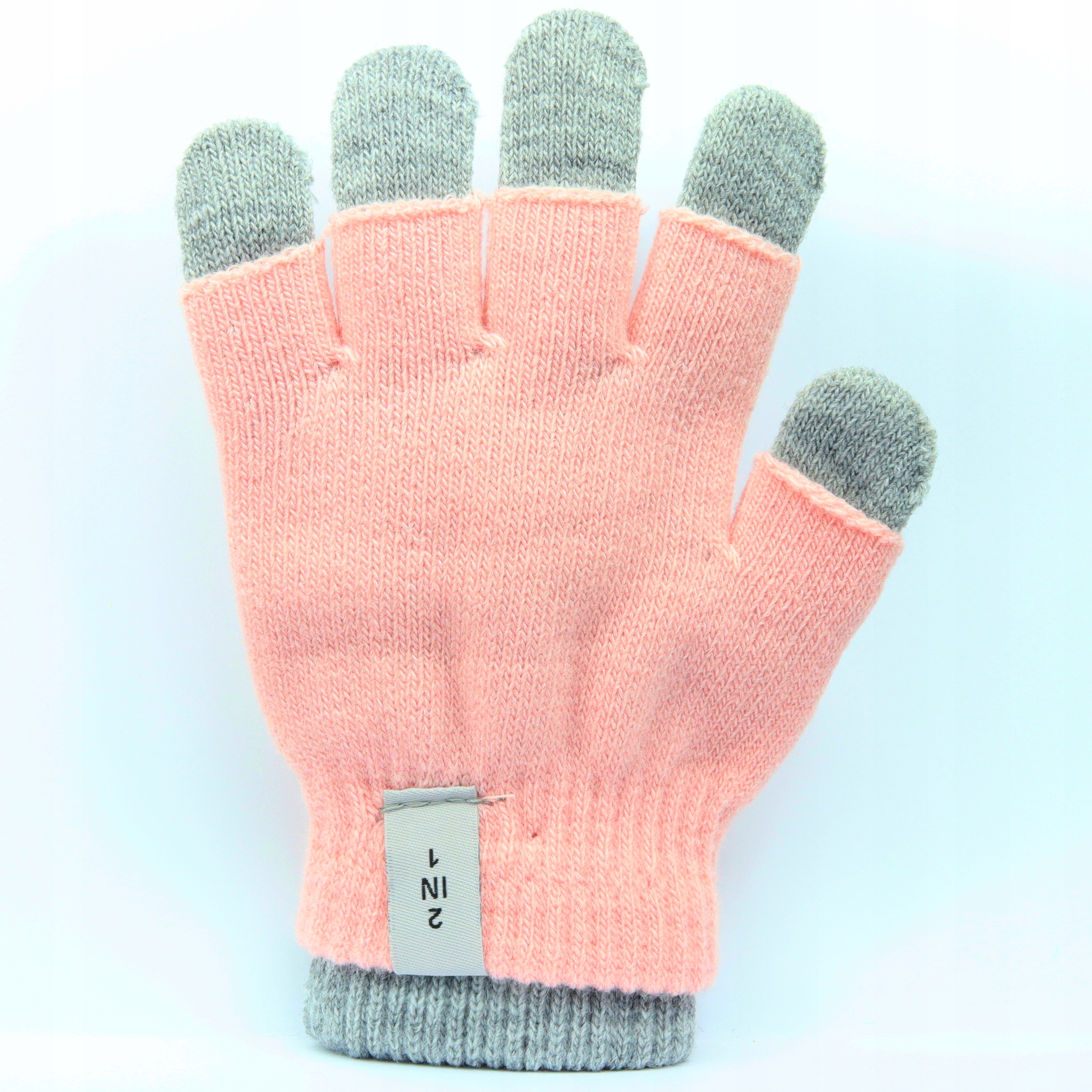 12-18 lat 2w1 MITENKI Dziewczęce Rękawiczki Akryl Szare Różowe 18 cm 072 d