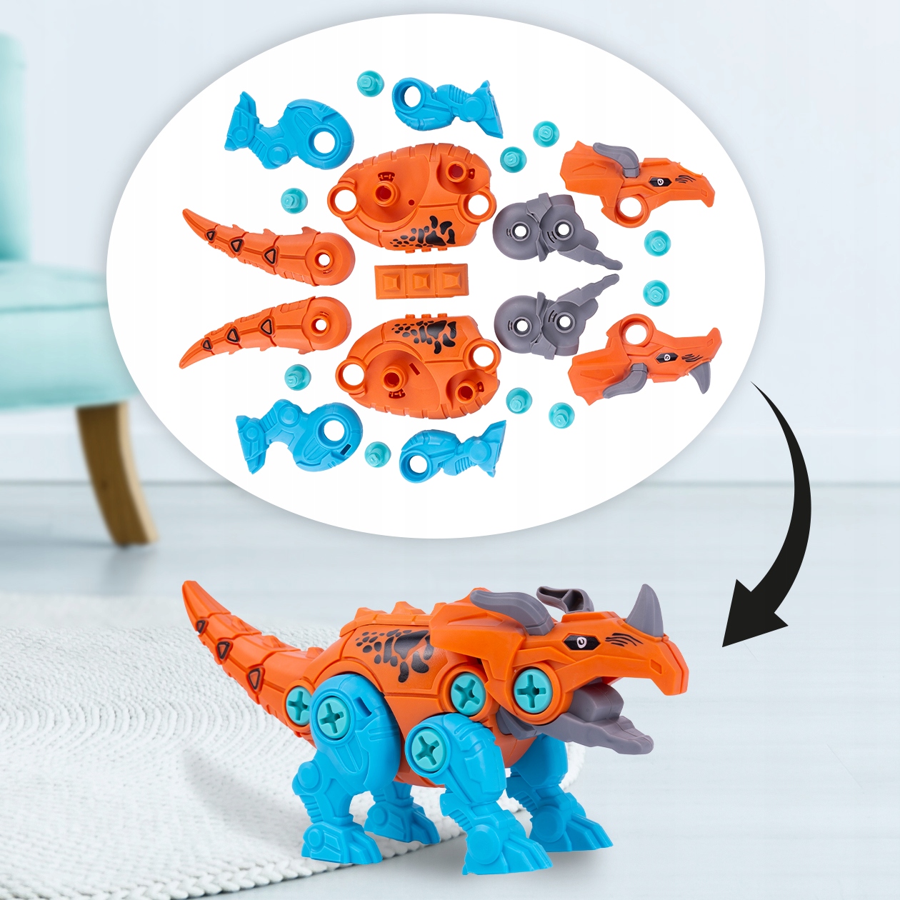 STAVEBNÁ SADA NA SKRUTKOVANIE, ODSKRUTKOVANIE, DINOSAURY, KOCKY, SKRUTKOVAČ Šírka výrobku 22,5 cm