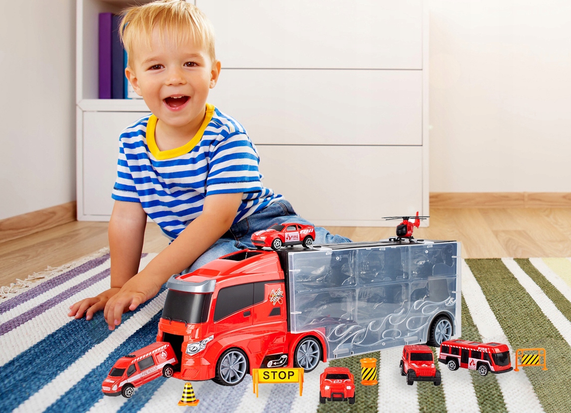 CIĘŻARÓWKA LAWETA STRAŻ POŻARNA AUTA HELIKOPTER WÓŻ STRAŻACKI TRANSPORTER Wiek dziecka 3 lata +