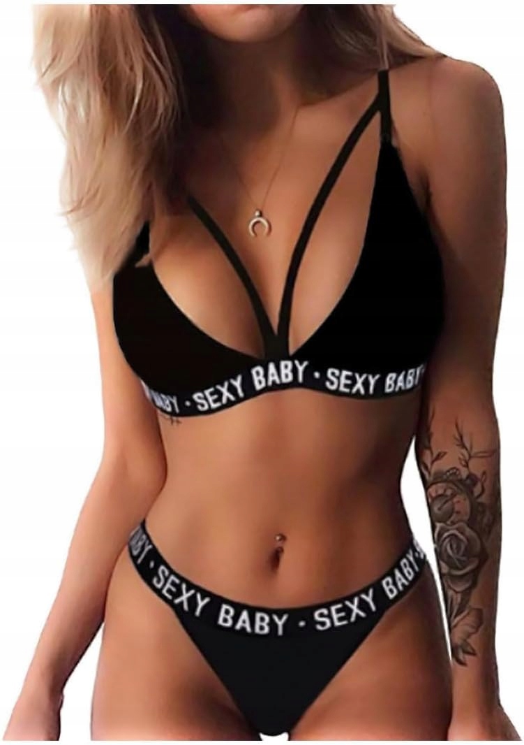 KOMPLET ZESTAW BIELIZNA DAMSKA CZARNA BIUSTONOSZ I STRINGI