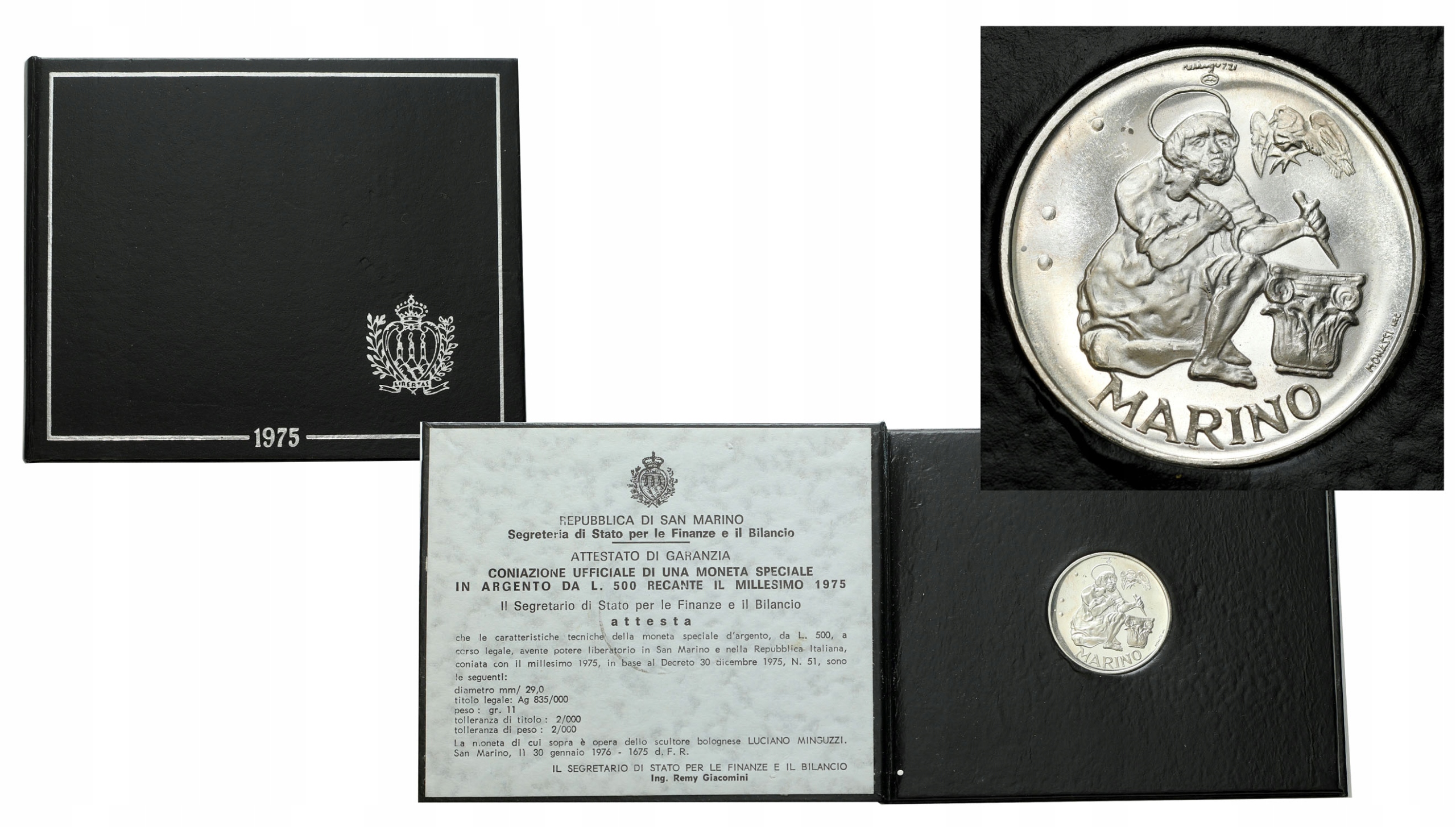 San Marino. 500 lirów 1975, Rzeźbiarz – SREBRO