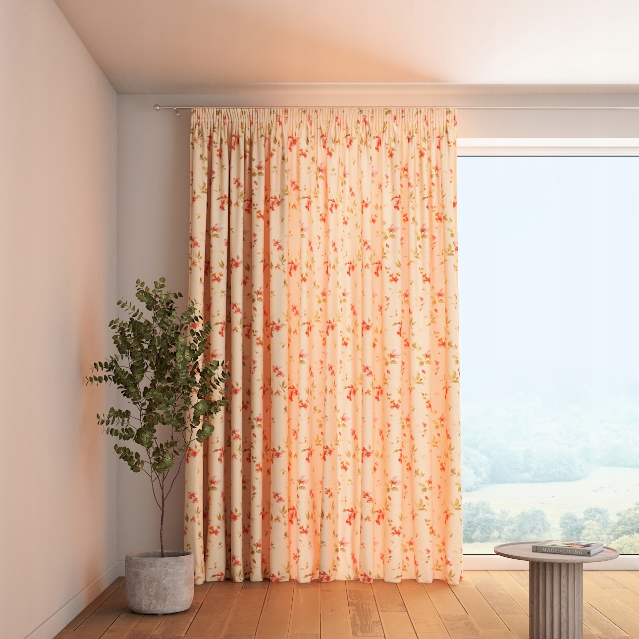 Záves na vlnitej páske 1 ks 130 x 245 cm, kvety na krémovom pozadí