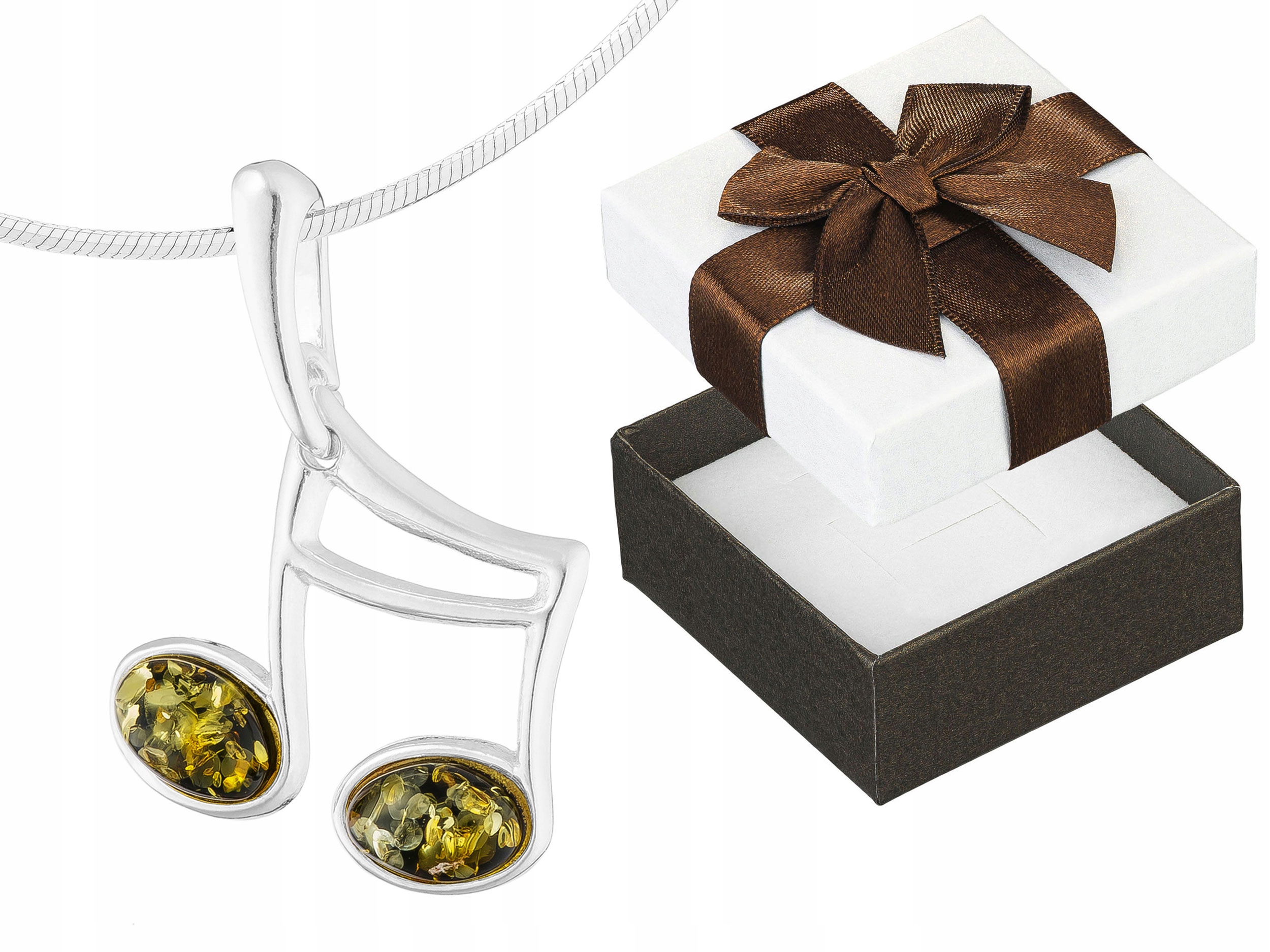 Dlouhý Stříbrný Náhrdelník Nota se Zeleným Jantarem Notička Šestnáctka 80 cm