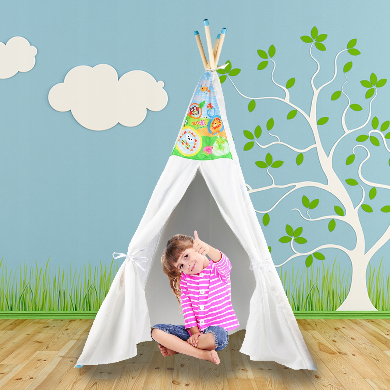 TIPI NAMIOT DOMEK DLA DZIECI ZAMYKANY WIGWAM DO ZABAWY DOMU OGRODU Kolor wielokolorowy