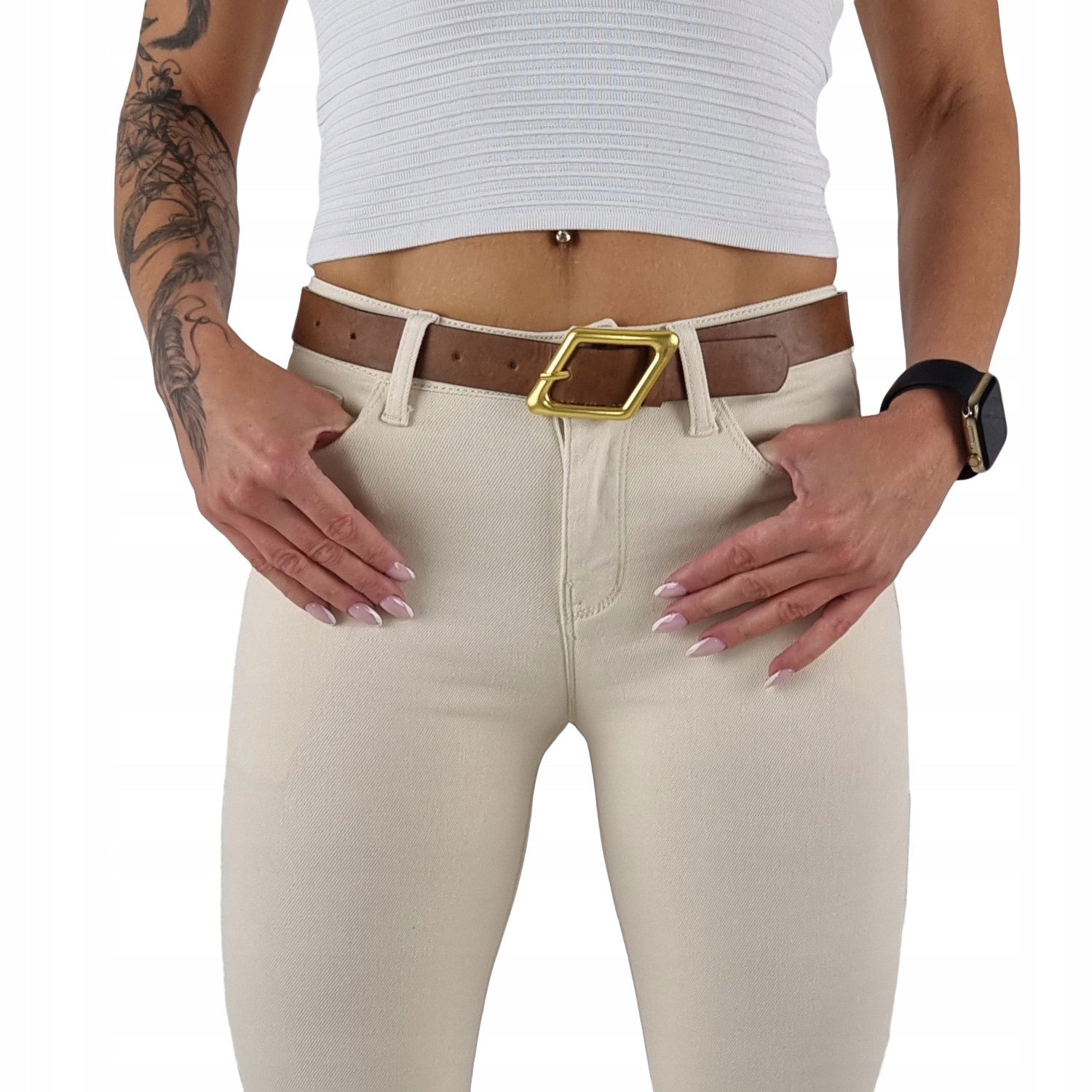 Džínové Kalhoty Push Up Ecru Modelující Pružné Úzké Nohavice S Páskem, Velikost