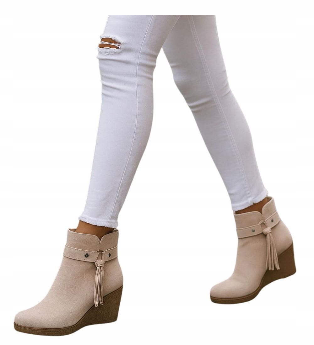 m Botki damskie na koturnie Zamszowe jesienne beżowe buty na