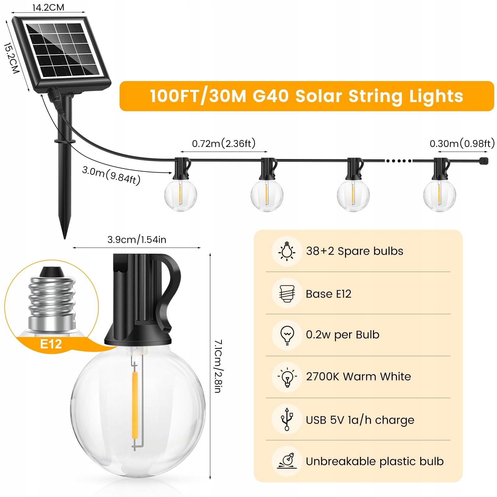 LIGHT-BRIGHTLY 30M Solarne Lampki 40 LED Żarówki Retro Wodoodporne — miniatura 7