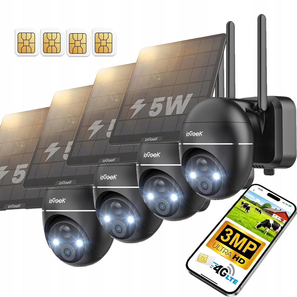 4 kusy Venkovní solární kamera 2K, dva objektivy 3MP Sim karta 4G Lte