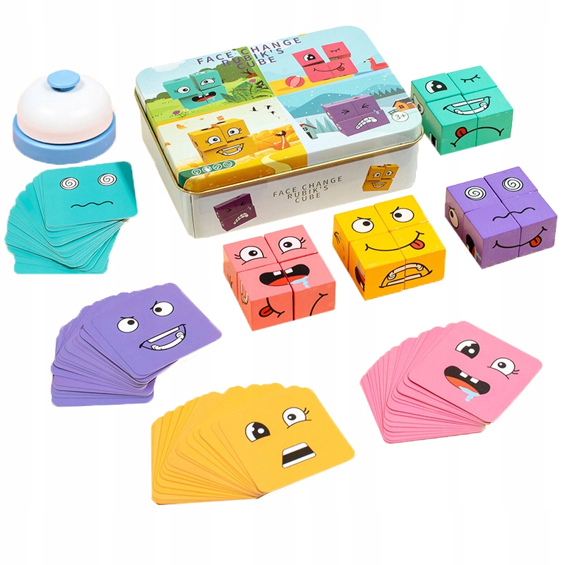 Drewniane klocki gra Minki emocje z dzwonkiem Zestaw w blaszanym pudełku