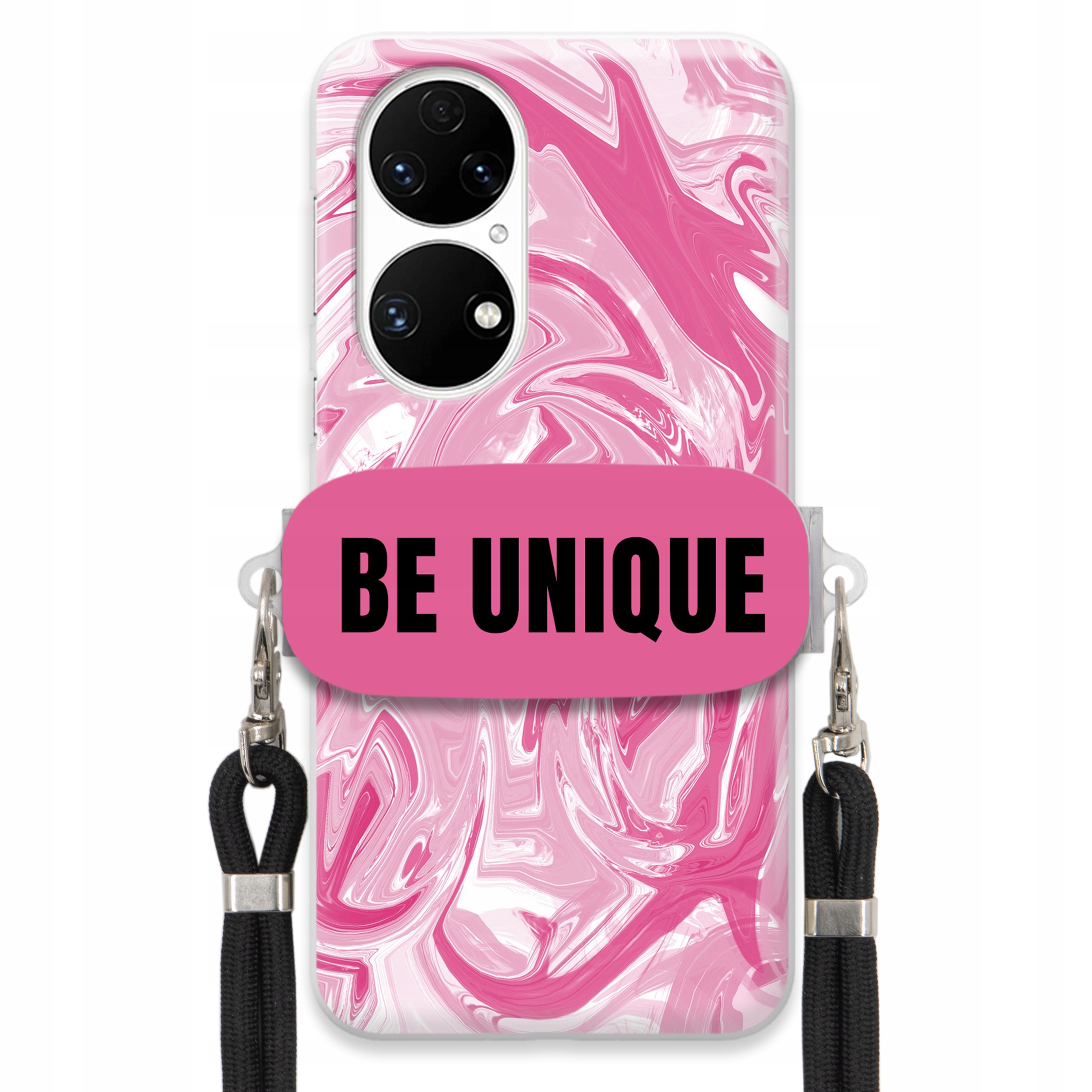 Pouzdro pro Huawei P50 úchyt šňůrka Černý Růžový Mramor Be Unique