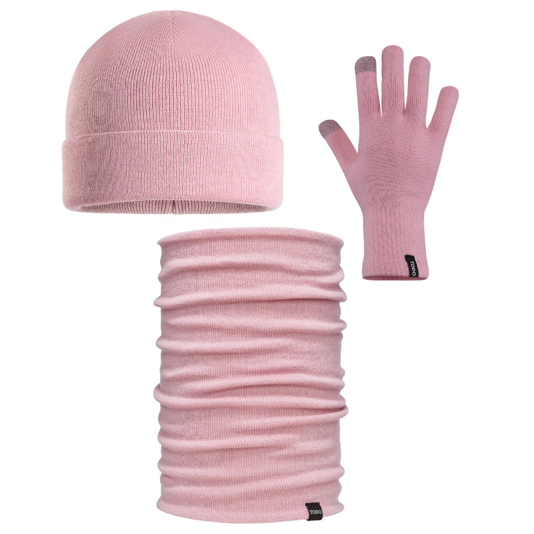 Sada Merino: čepice, nákrčník, rukavice Rider teplé, měkké, světle růžové, L