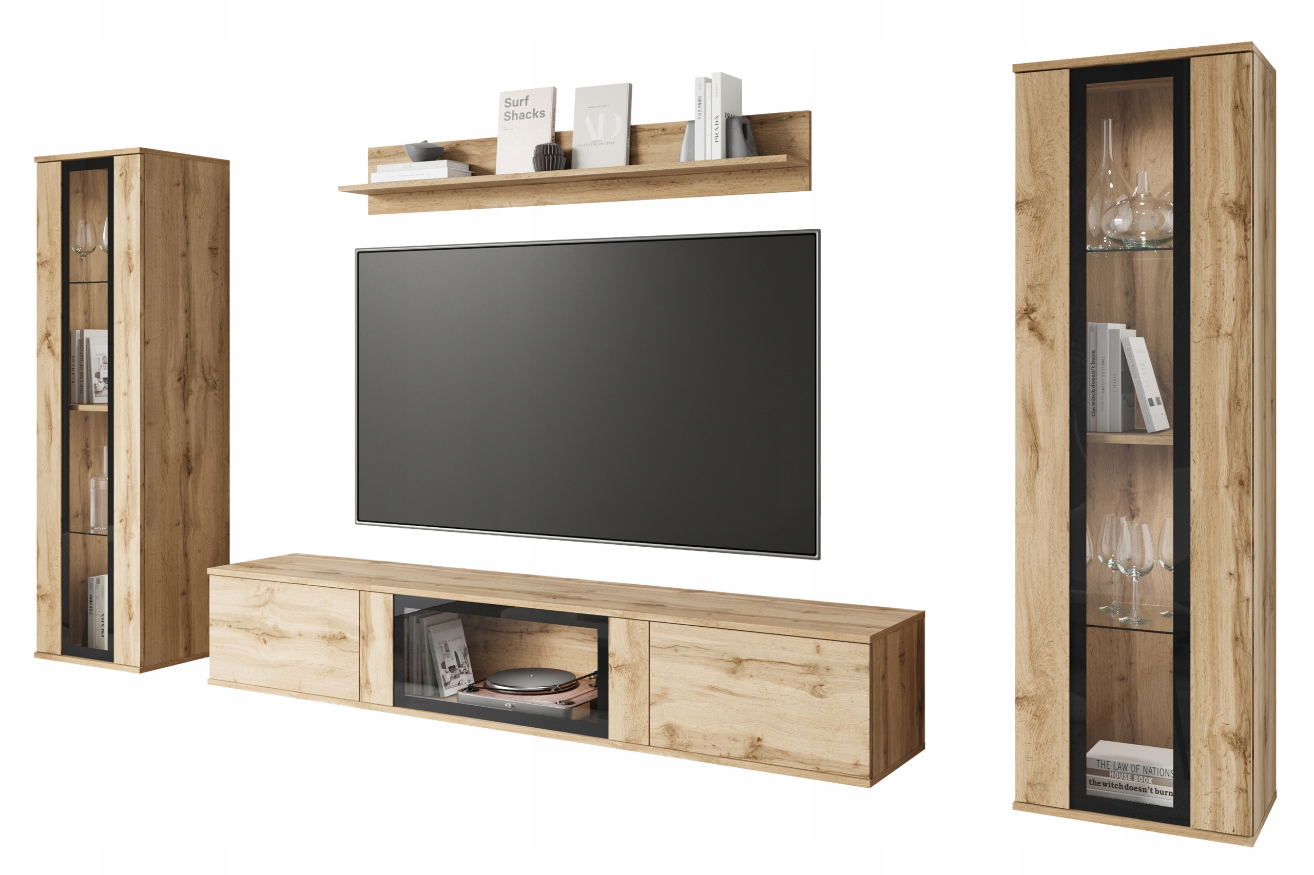 Moderní nábytková stěna Caro, sada nábytku do obývacího pokoje, Rtv 180 cm, vitrína