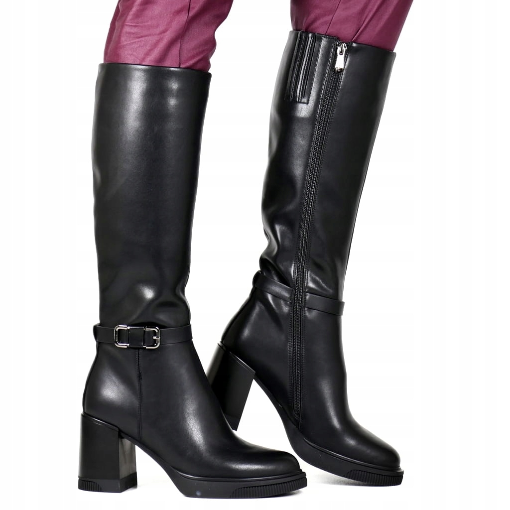 Dámské Kožené Kozačky Na Podpatku, Černé, Elegantní, Přiléhavý Top