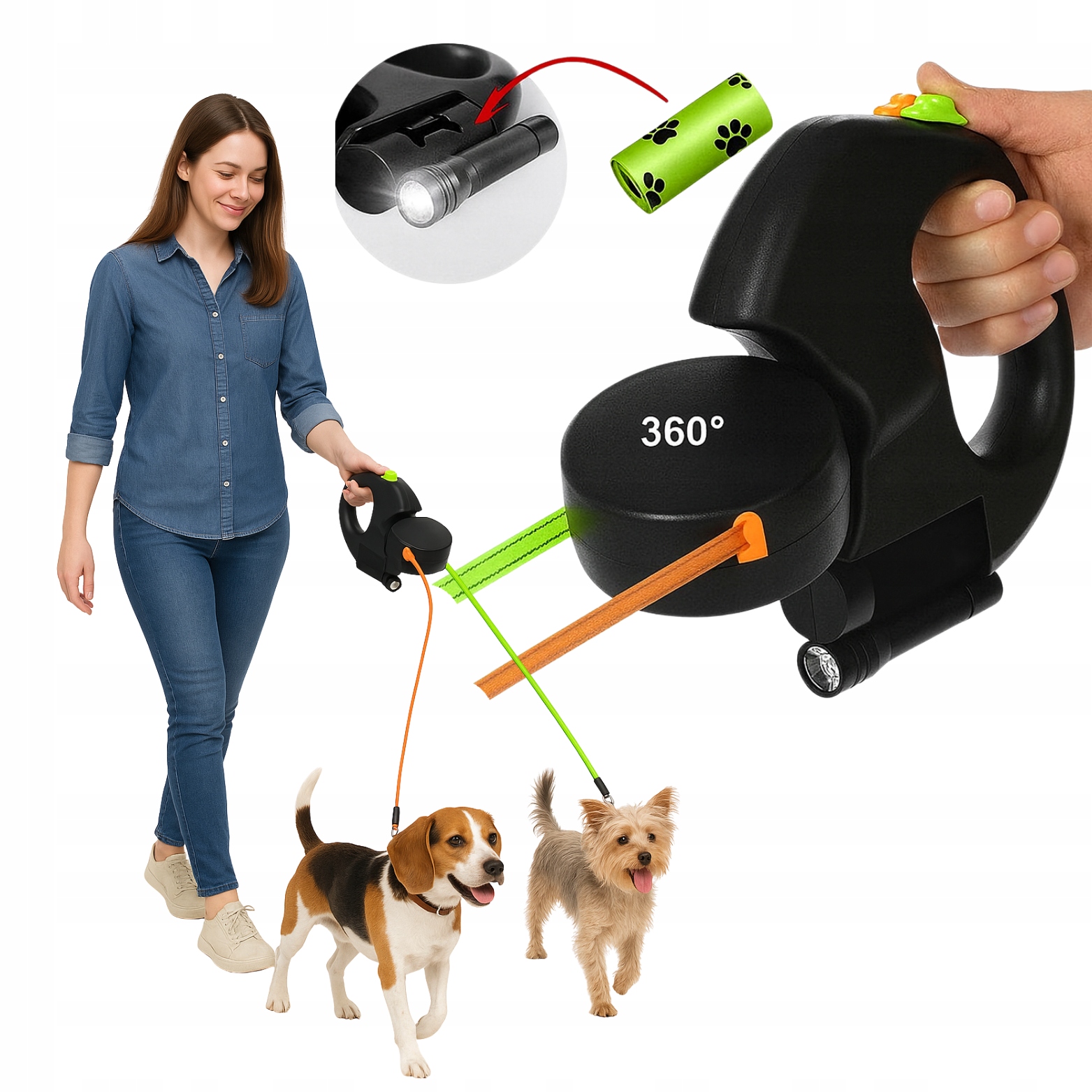 Multifunkční automatické vodítko pro dva psy, kočky s baterkou Dárek
