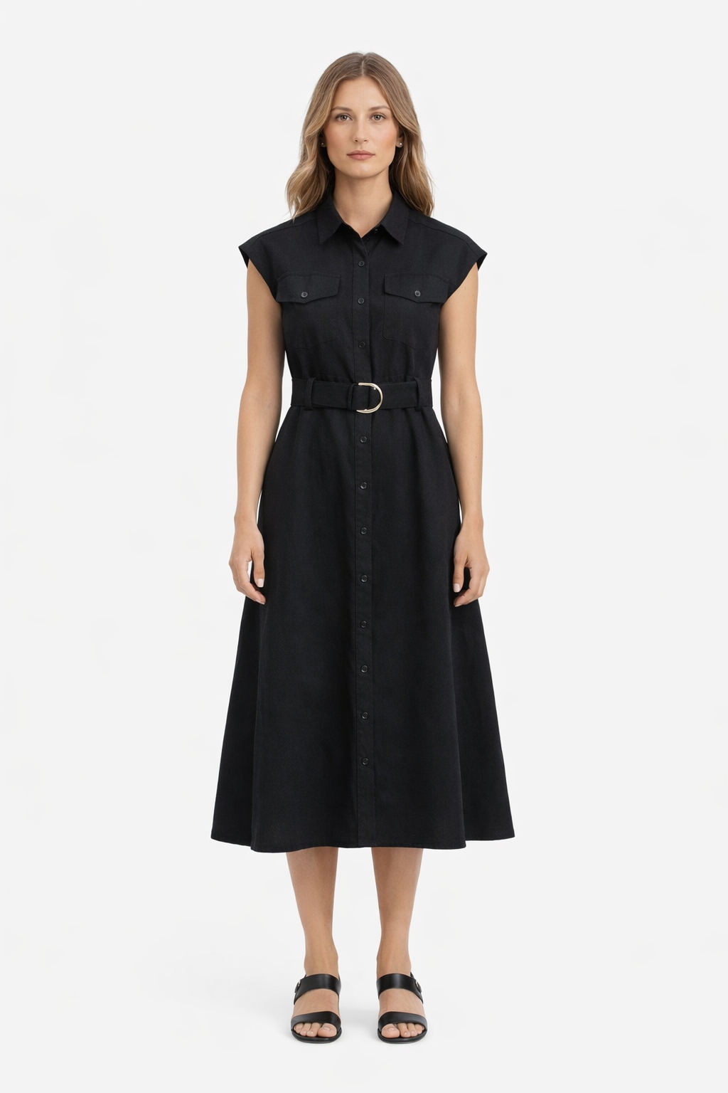 Černá Jednoduchá Šaty Na Knoflíky S 1I1A