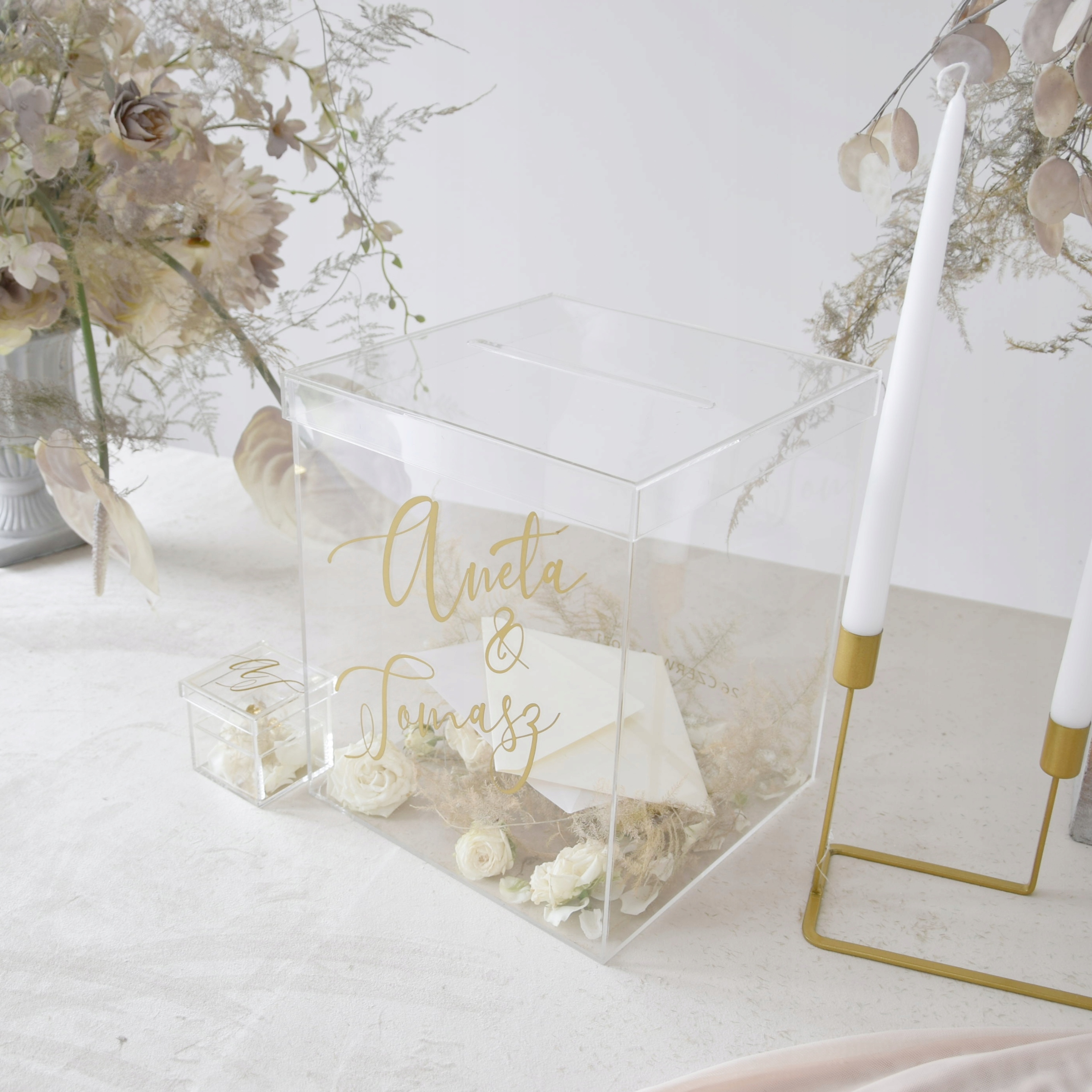 DUŻE Pudełko na koperty z plexi imiona ślub BABIE LATO Głębokość produktu 24 cm