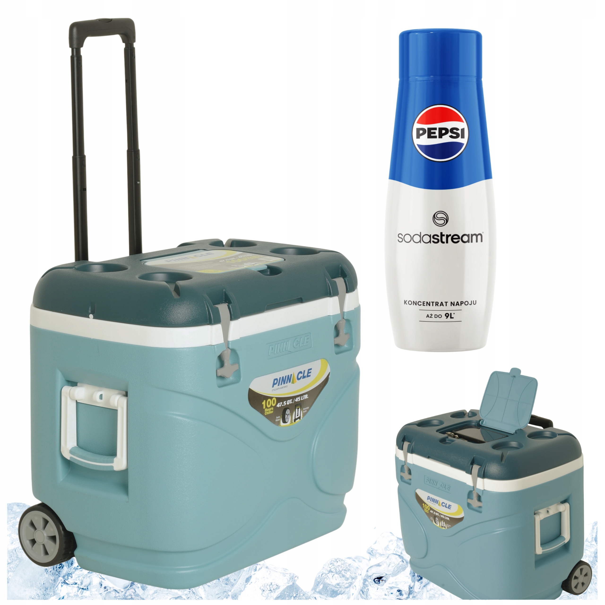 Pinnacle Turistická lednička 45L kolečka světle modrá plus sirup SodaStream Pepsi