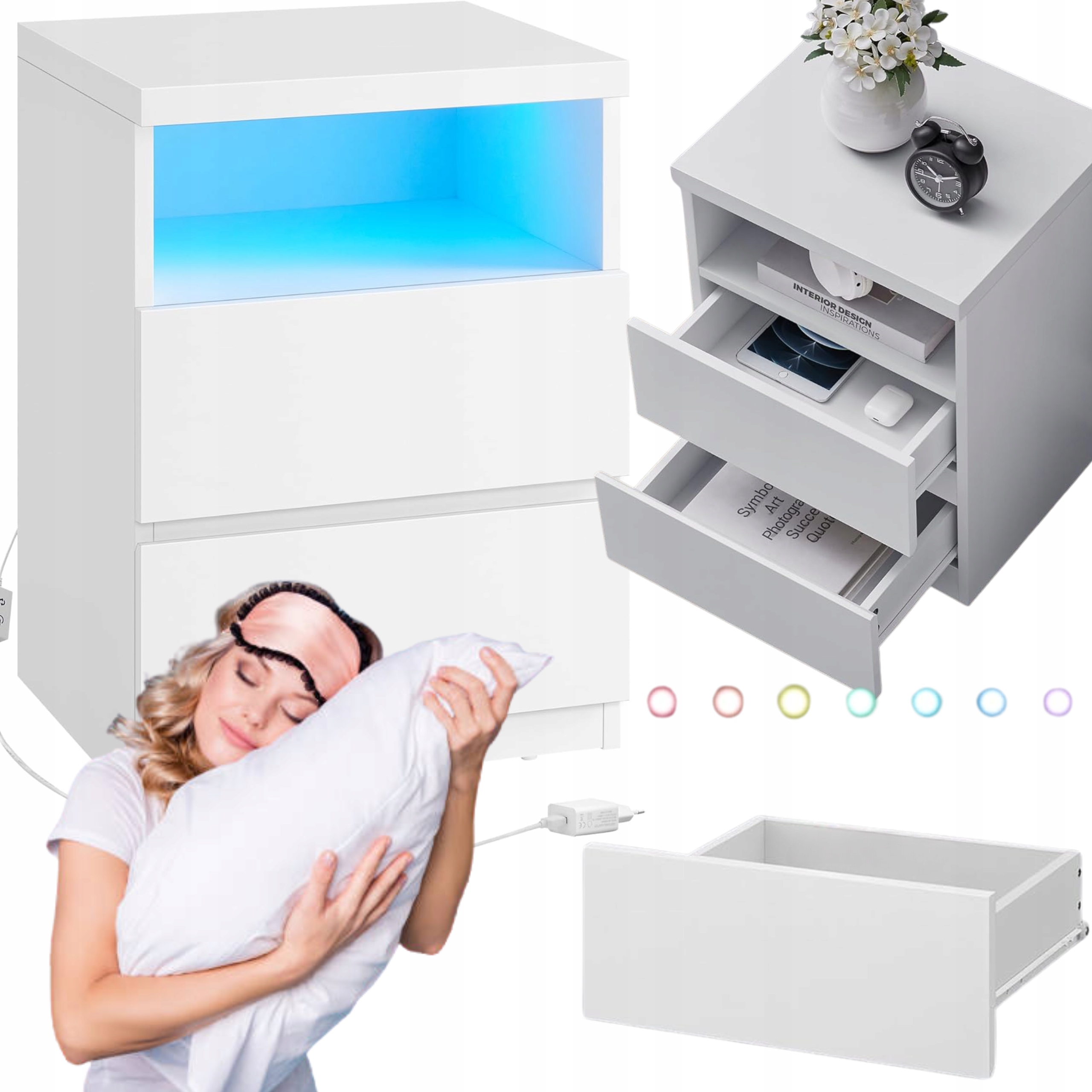 Stolík Biely do obývacej izby spálne Nočná Skrinka Led 2 zásuvky Polička 35x40 cm