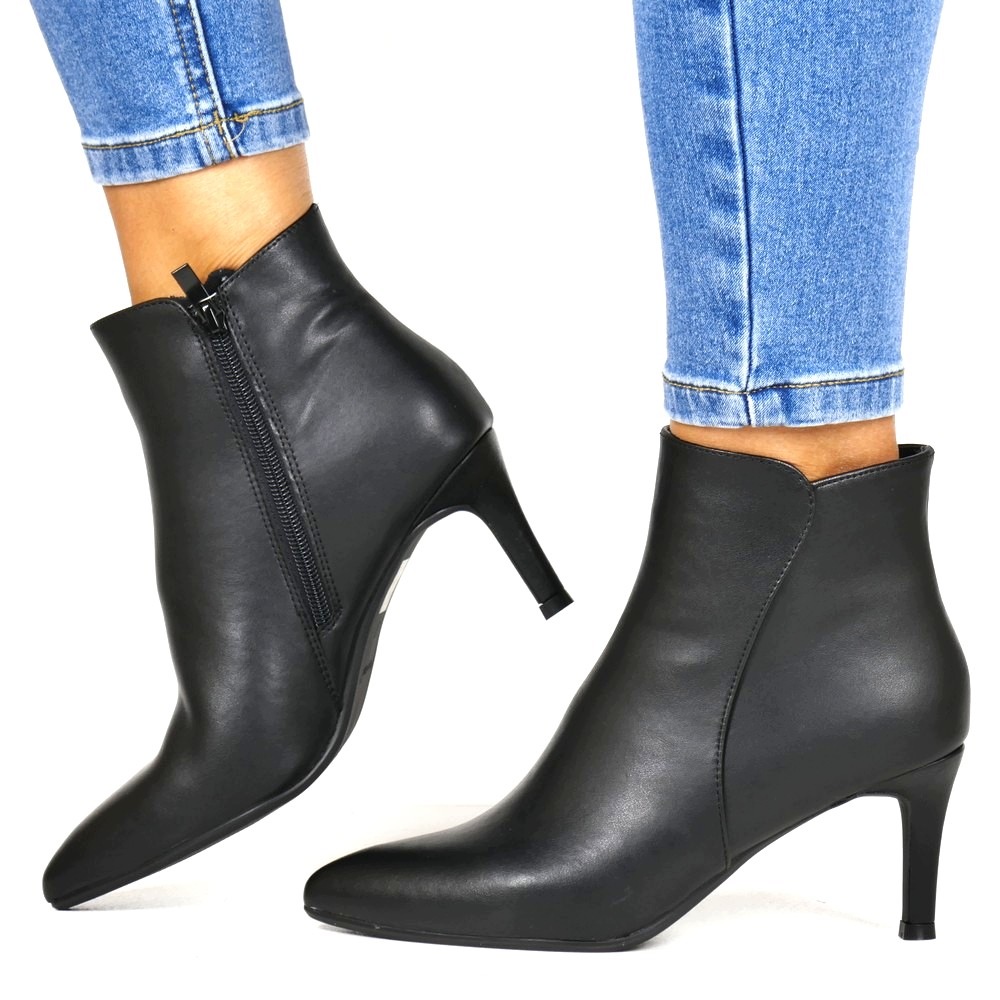 Černé Kotníkové Boty Na Podpatku, Přírodní Kůže, Zapínání Na Zip, Elegantní Boty Z6