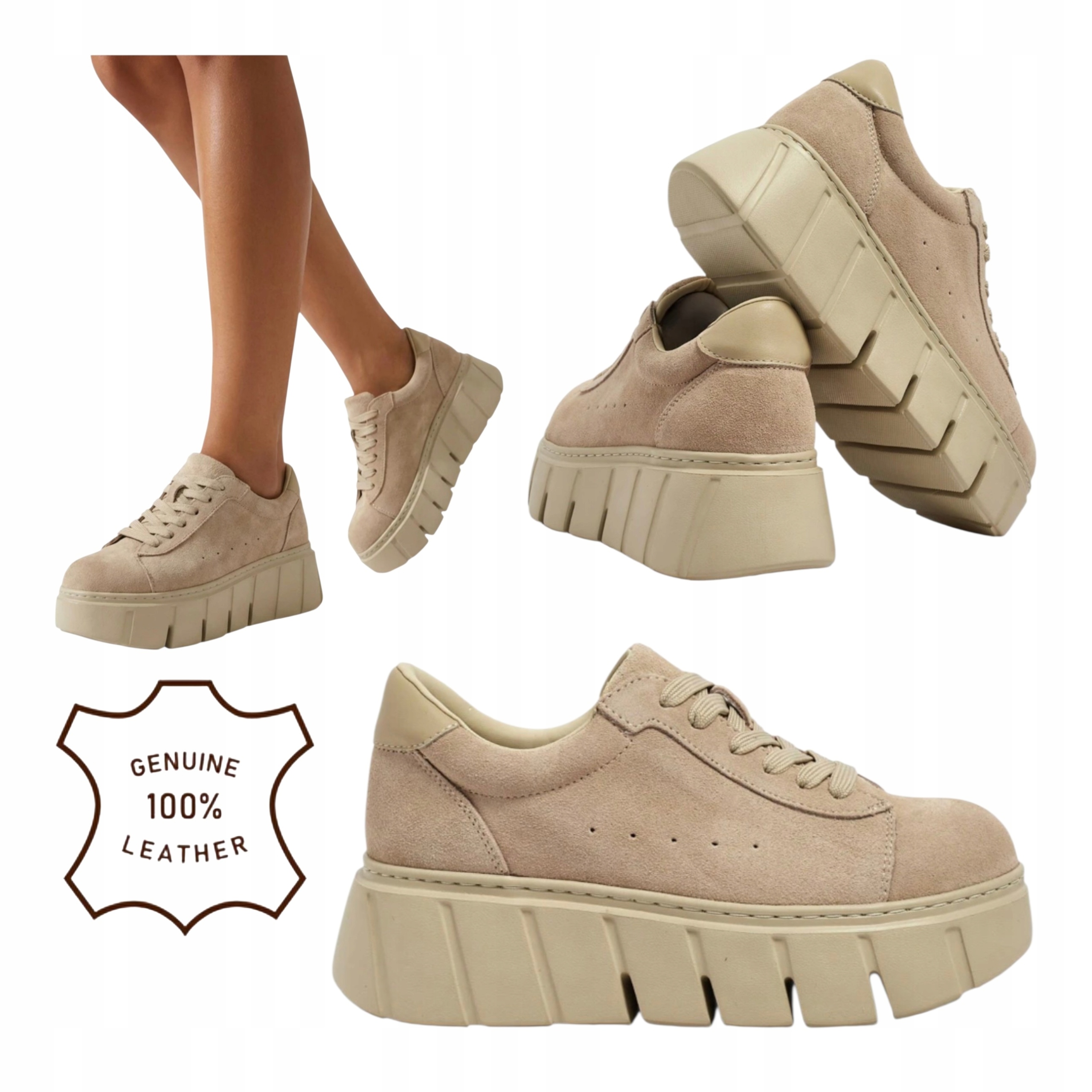 Dámské tenisky na platformě Polobotky Kožené Pohodlné Módní Béžové 37