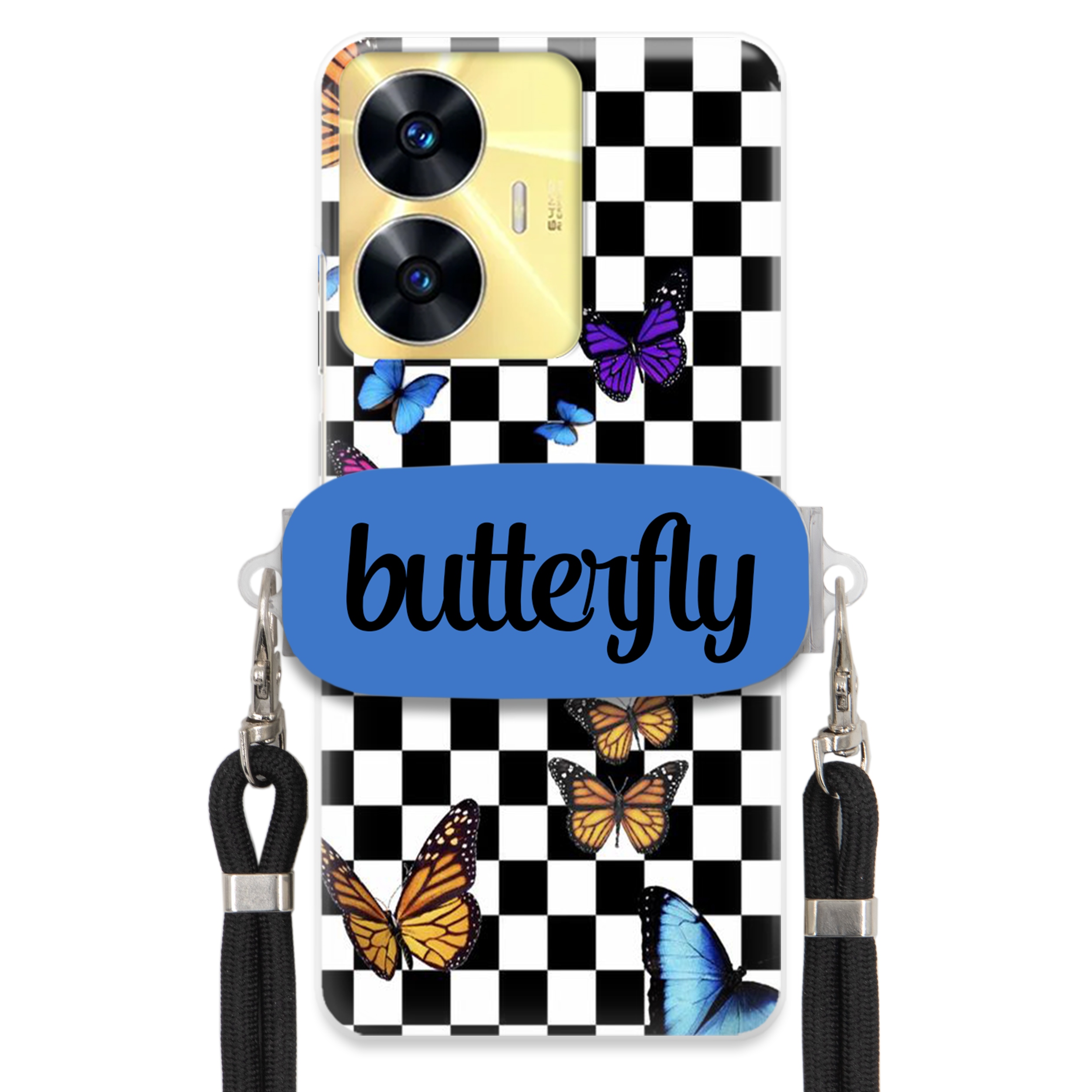 Puzdro Pre Realme C55 Case, Obdĺžnikový Držiak, Čierne Vodítko, Butterfly Motýle