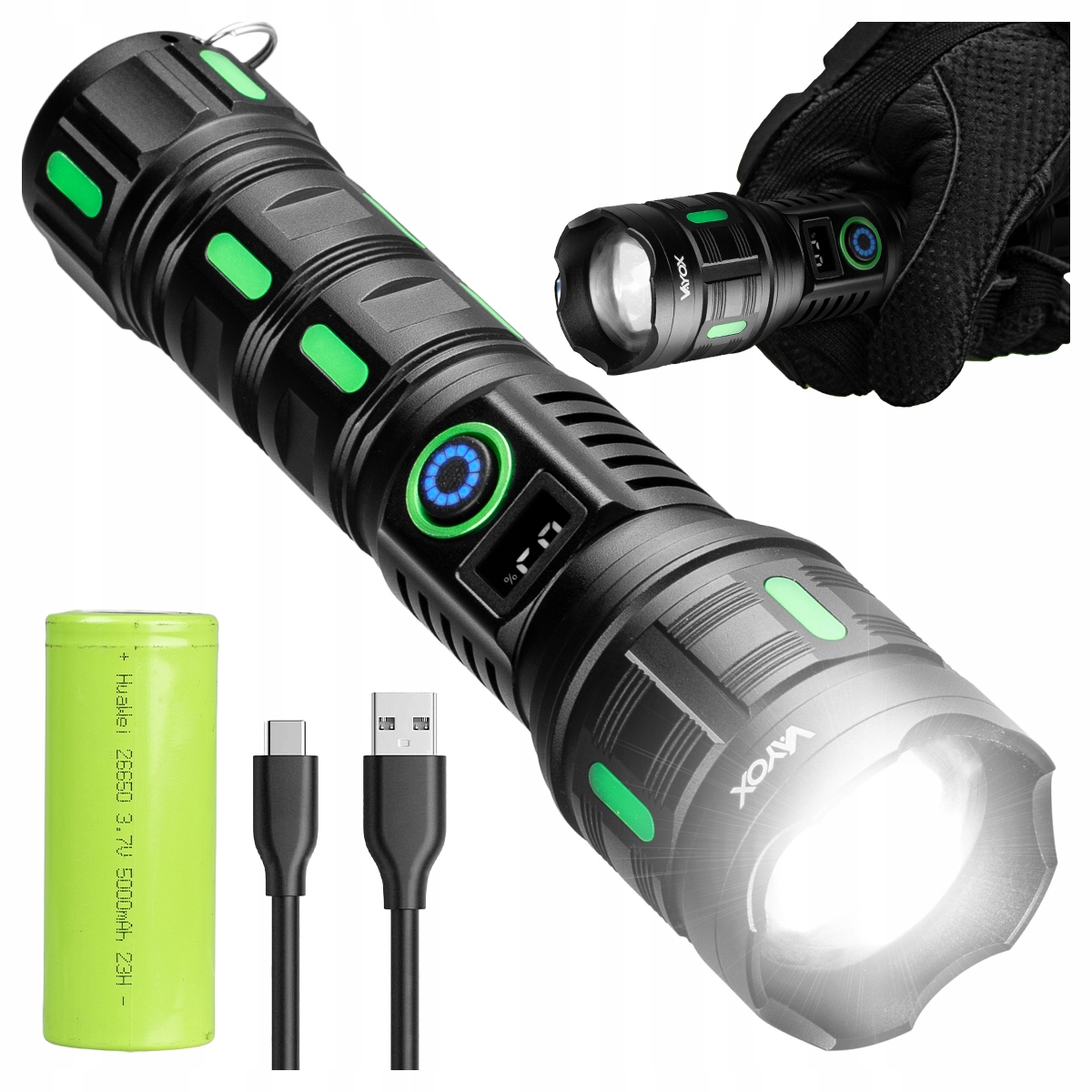 Led Taktická Akumulátorová Svítilna S Usb-c Displejem Zoom 1200lm Pro Vayox