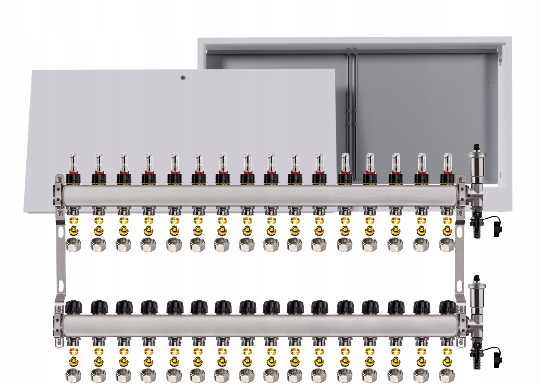 Nerezový rozdělovač pro podlahu 16 okruhů s nástěnnou schránkou Pex