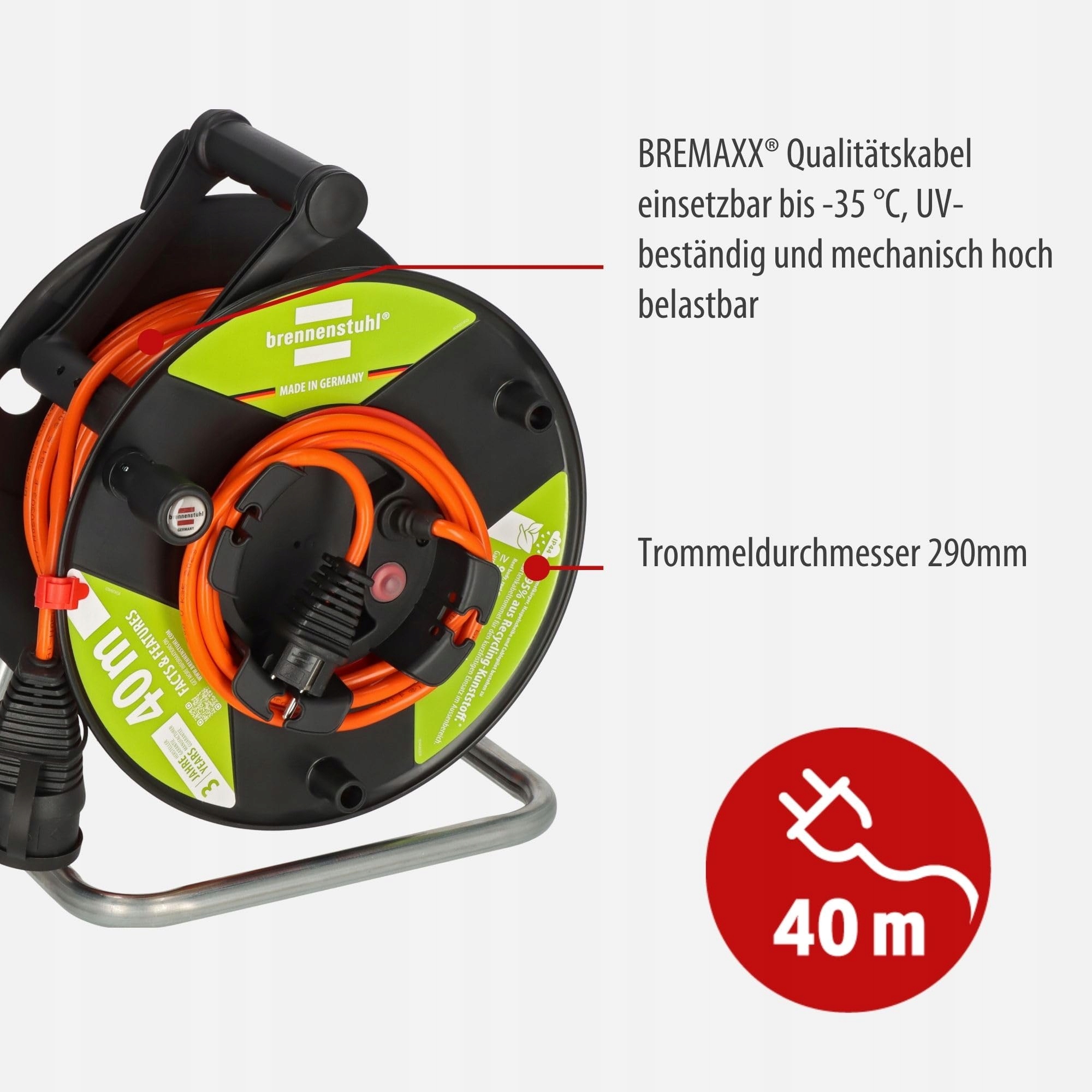 BRENNENSTUHL Bęben Kablowy Ogrodowy IP44 40m Recykling Zewnętrzny Niemcy — miniatura 4