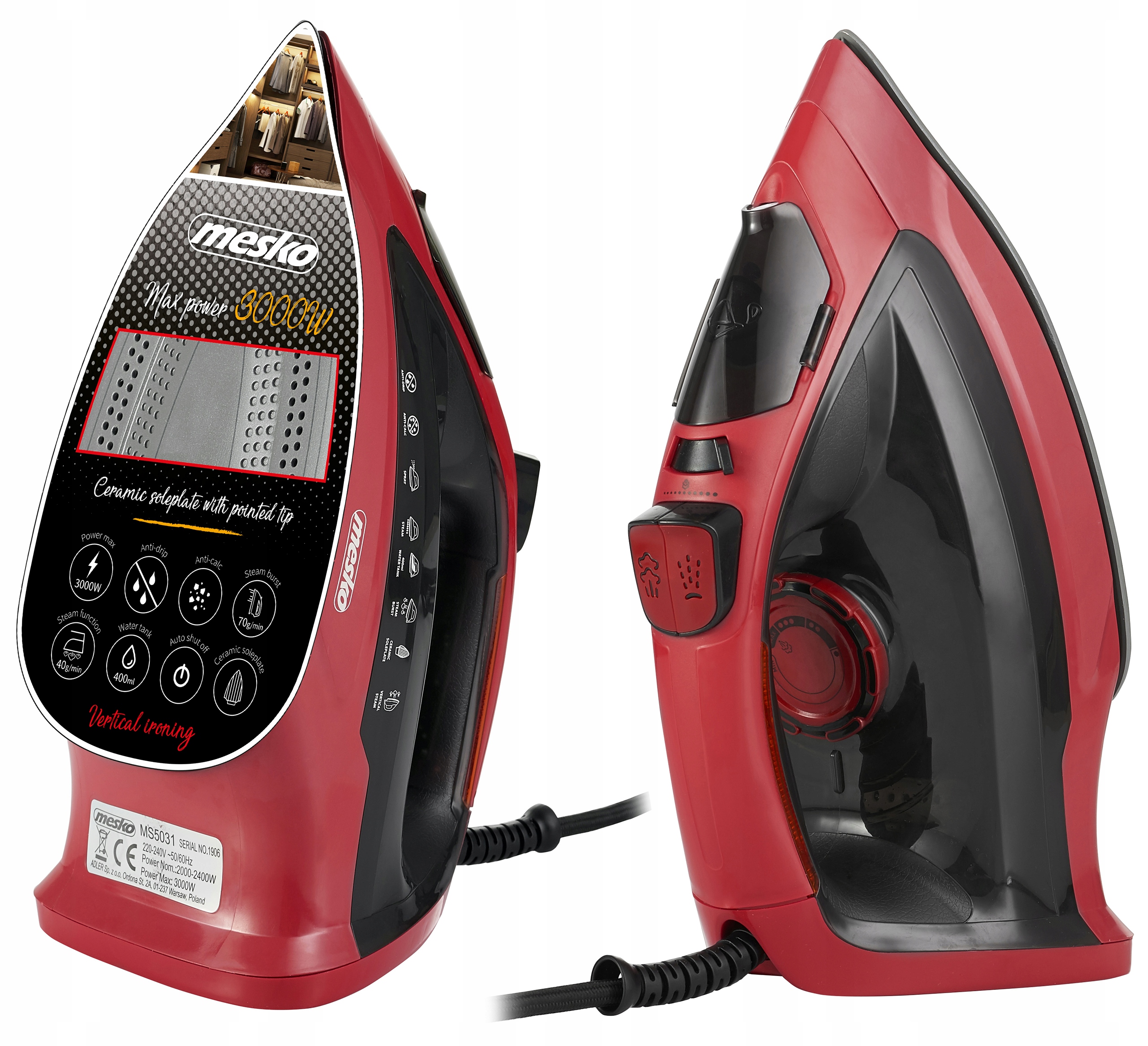 

Żelazko Parowe Stopa Ceramiczna 3000W 9w1 Strażak