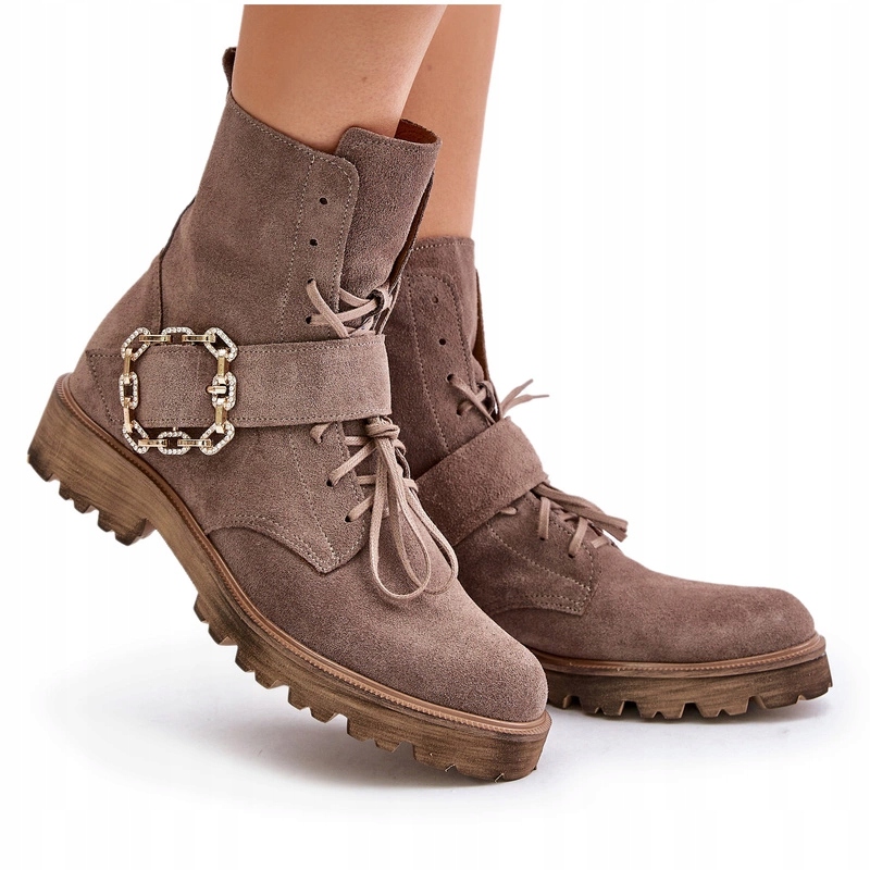 Dámské Kotníkové Boty Semišová Ozdoba S Přezkou Na Zip Zazoo 2951 Tmavě Béžová 38