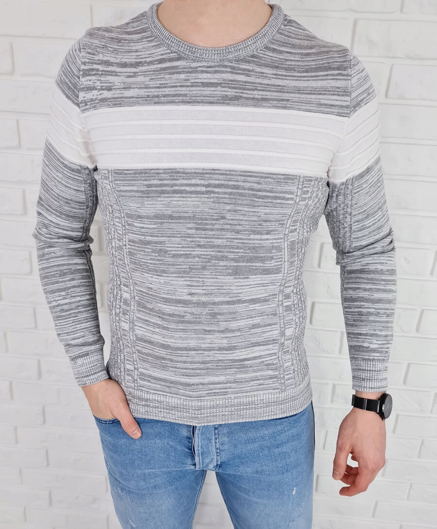 Szary melanzowy sweter z bialym pasem 3011 - XL