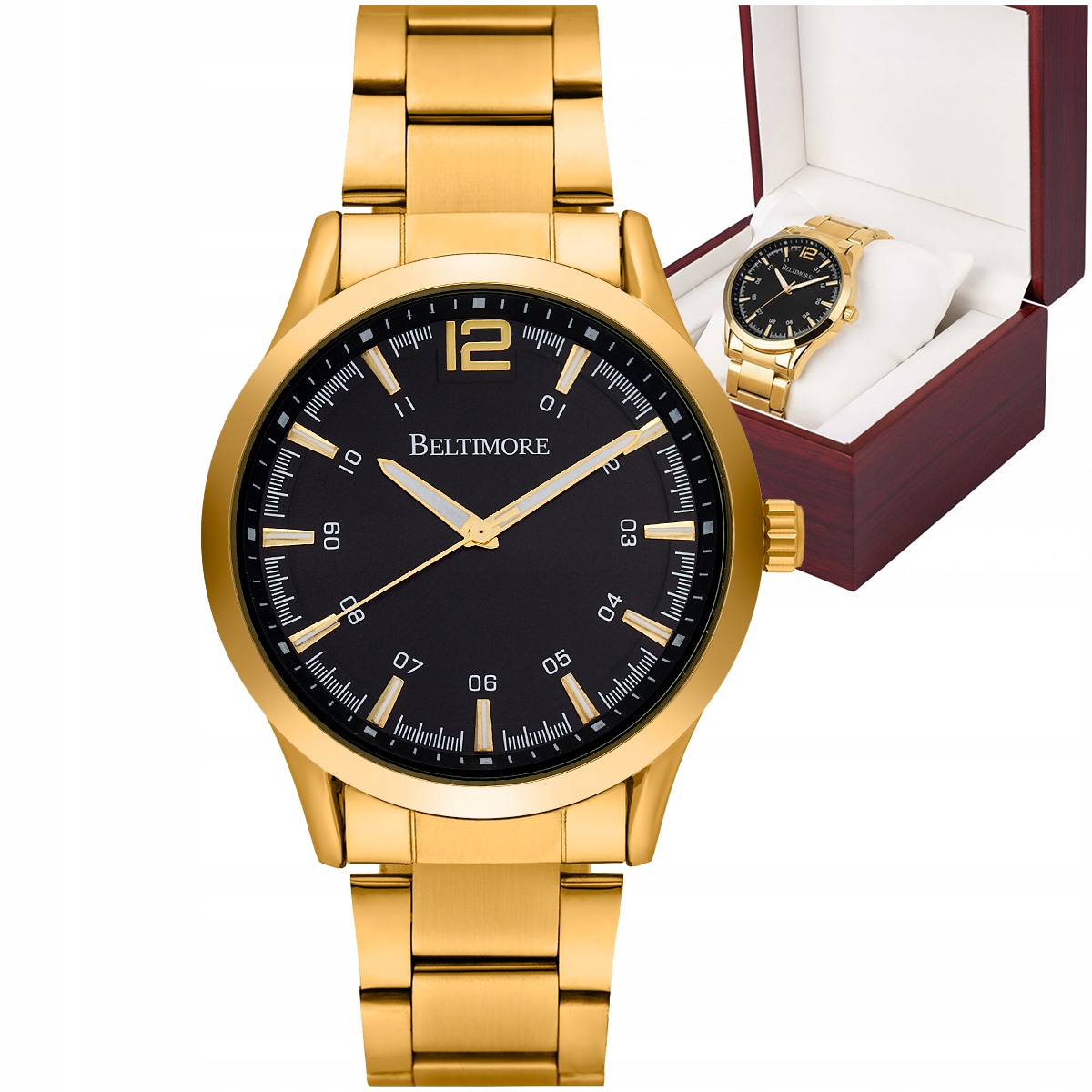 Pánské hodinky náramek velký pevný zlatý křemenný krabička Beltimore