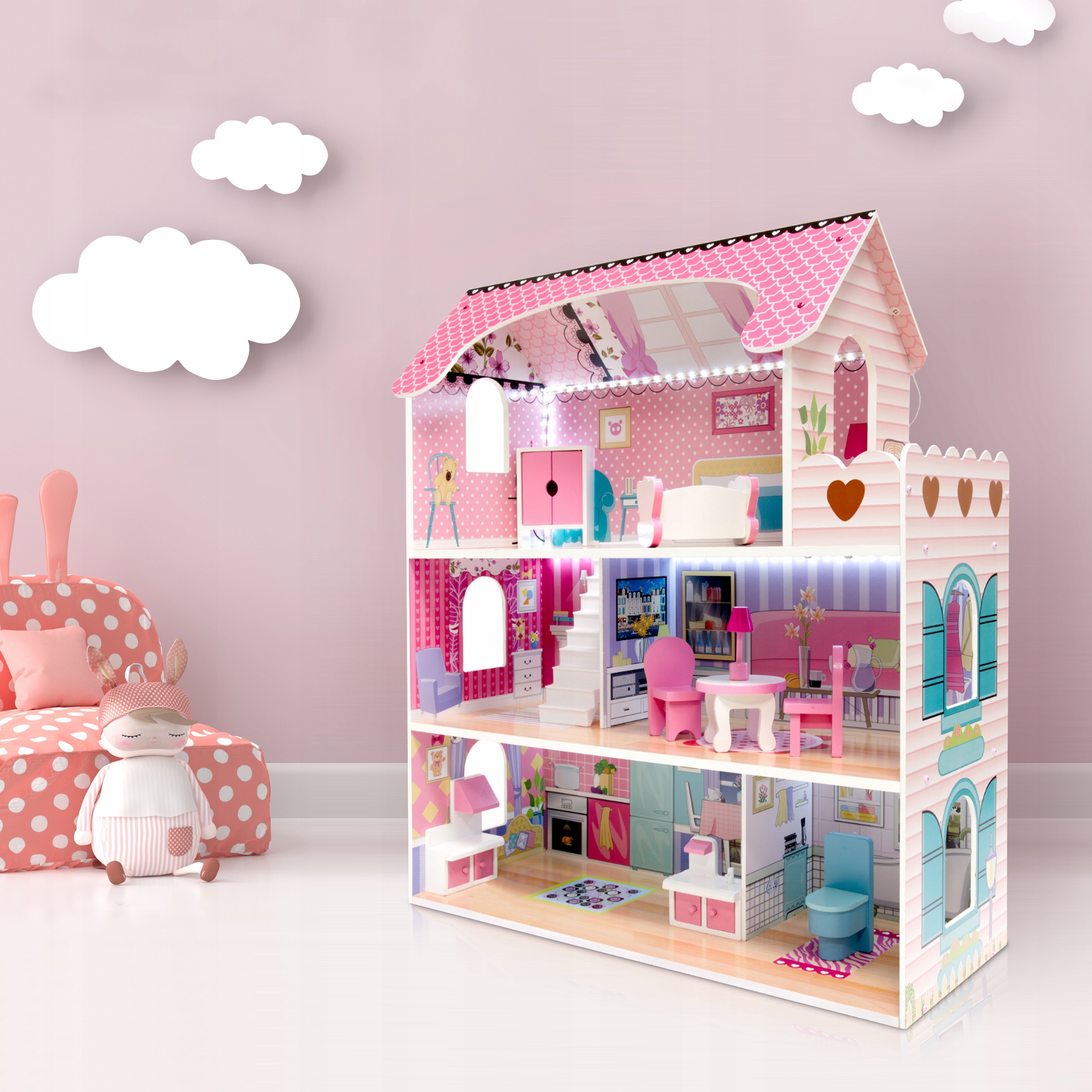 DOMEK DLA LALEK DREWNIANY RÓŻOWA WILLA XXXL ŚWIATŁO LED AKCESORIA MEBELK Baterie 3xAA brak