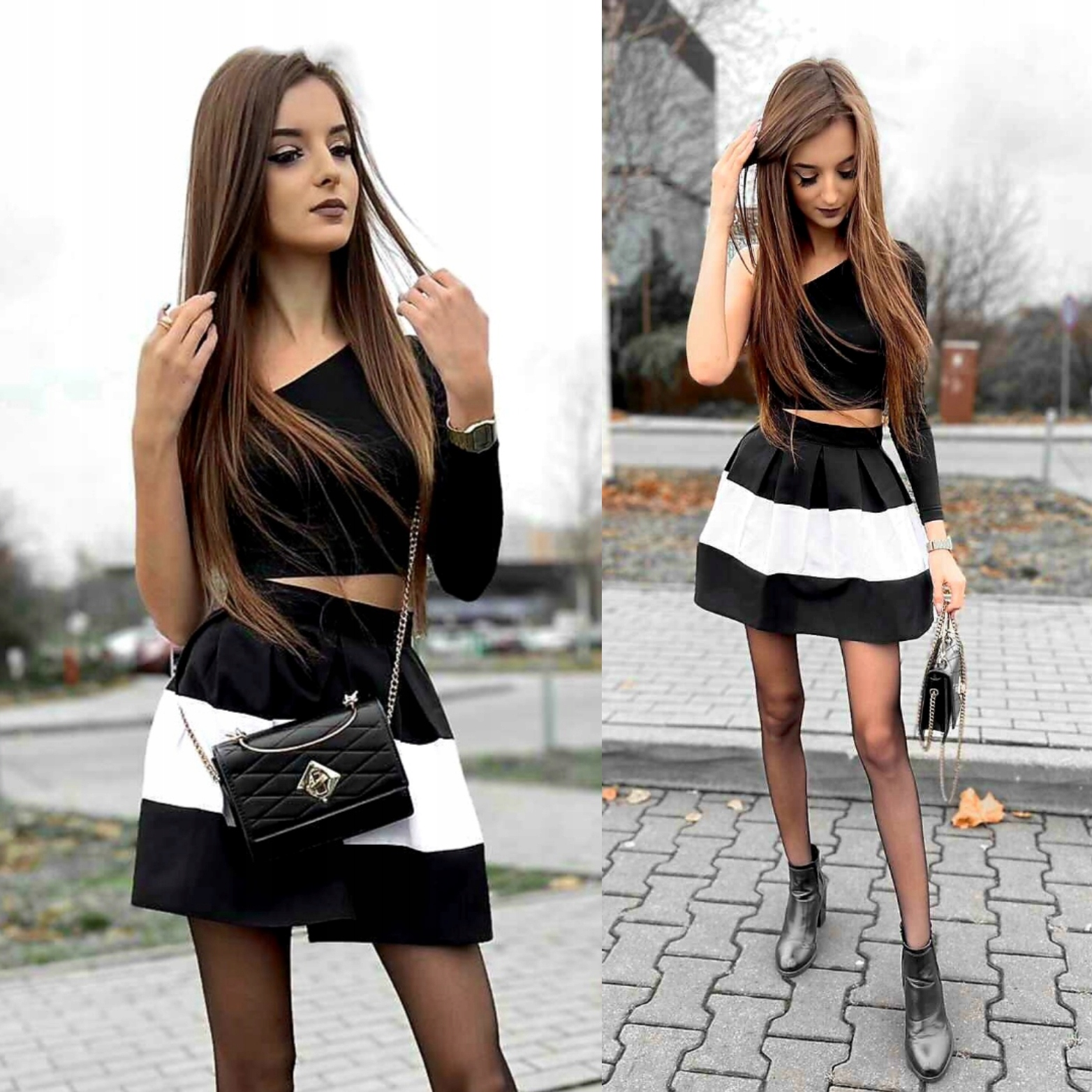 SPÓDNICZKA MINI w PASY CZARNO BIAŁA ROZKLOSZOWANA w ZAKŁADKI XS Długość mini