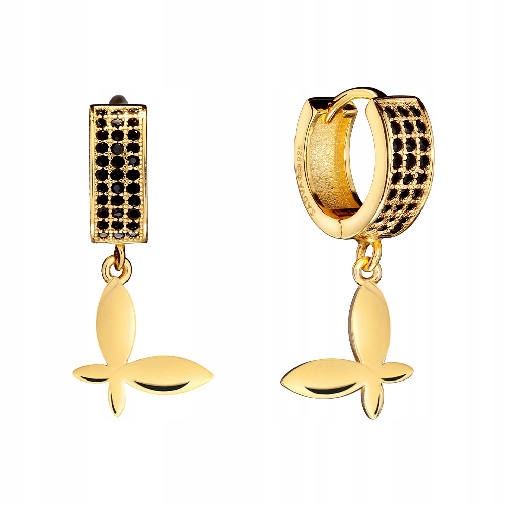 Kolczyki Pozłacane Koła Szerokie Motyl Czarne Cyrkonie Srebro 925 18K Sadva