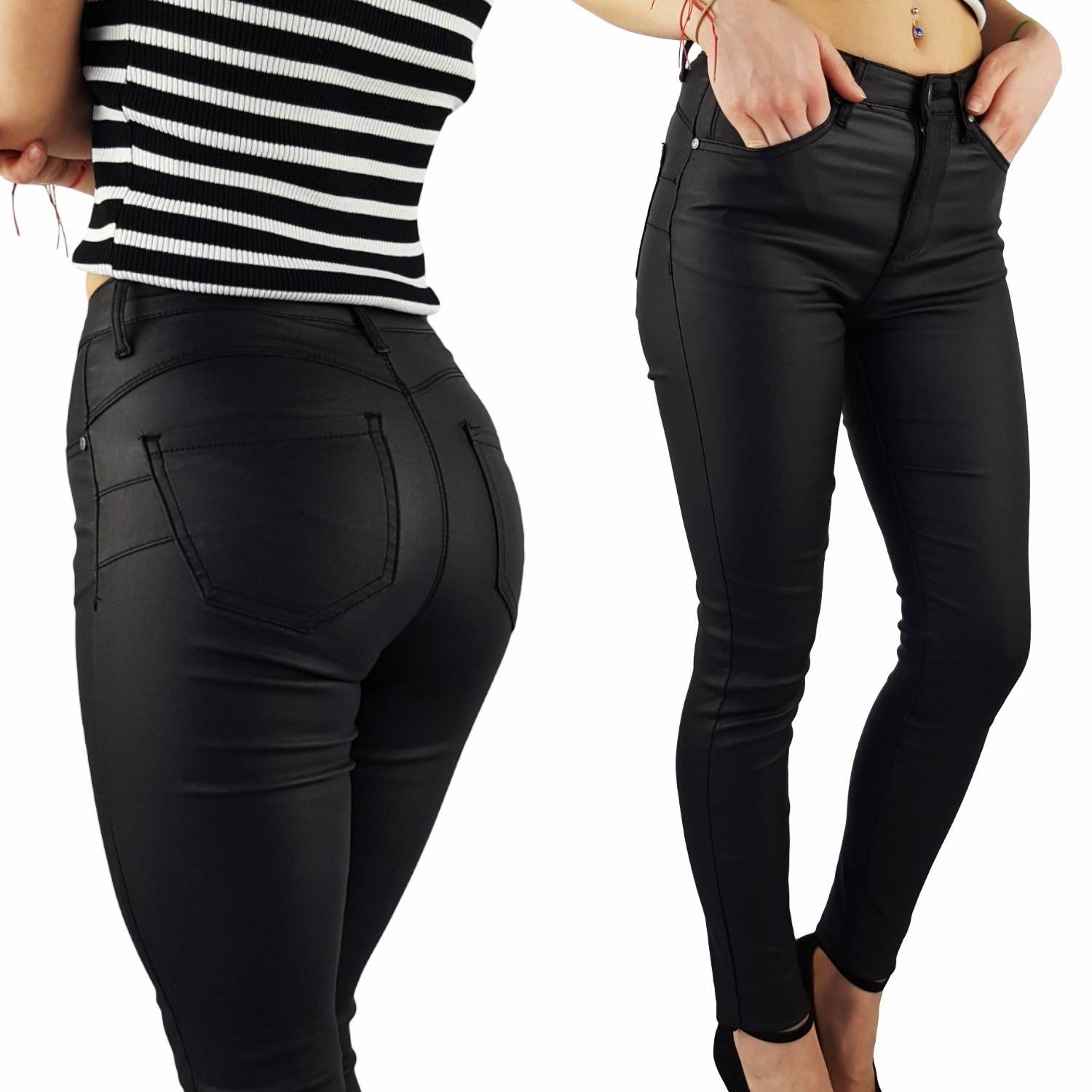 

Damskie Spodnie Woskowane Ocieplane Skóra Push-up