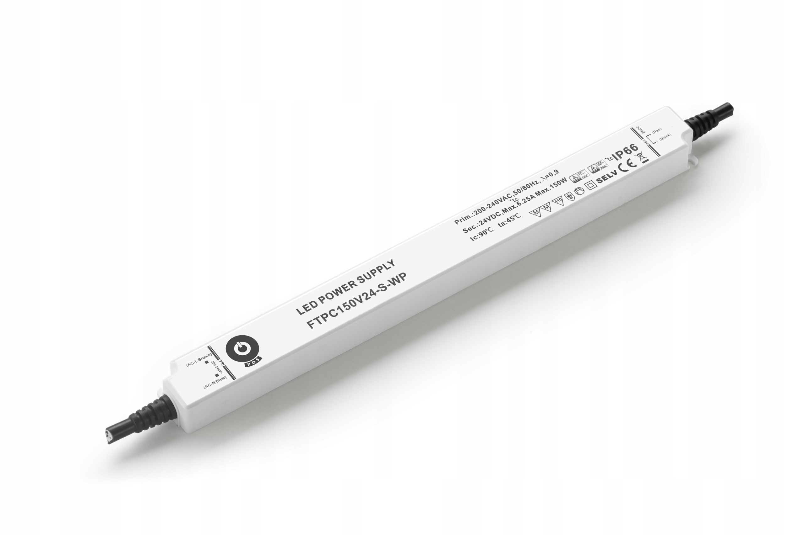 FTPC150V24-S-WP: Led nábytkový napájací zdroj 24V 6,25A CV IP66 Slim, plastový