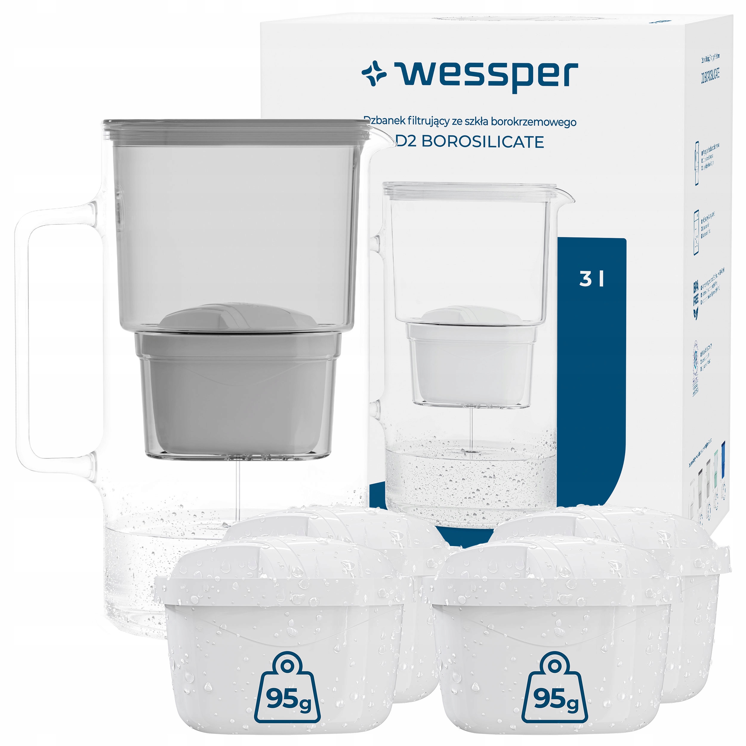 Skleněný Džbán Wessper D2 Borosilicate 3 l 5 x Filtrační Vložka Na Vodu Wessper