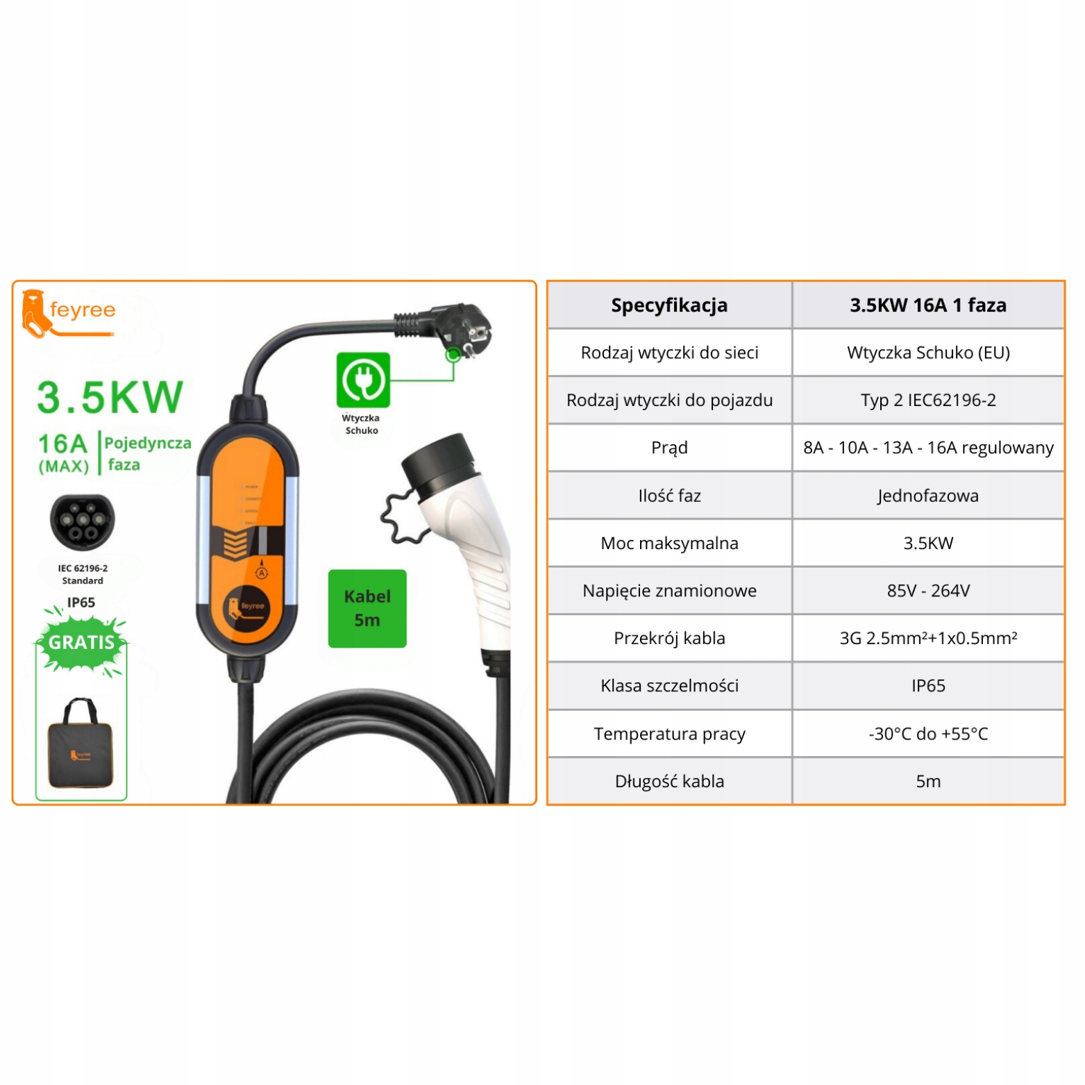 FEYREE Ładowarka samochodu elektrycznego EV moc 3.5KW typ 2 16A 1 faza LCD Maksymalna moc ładowania 3.5 kW