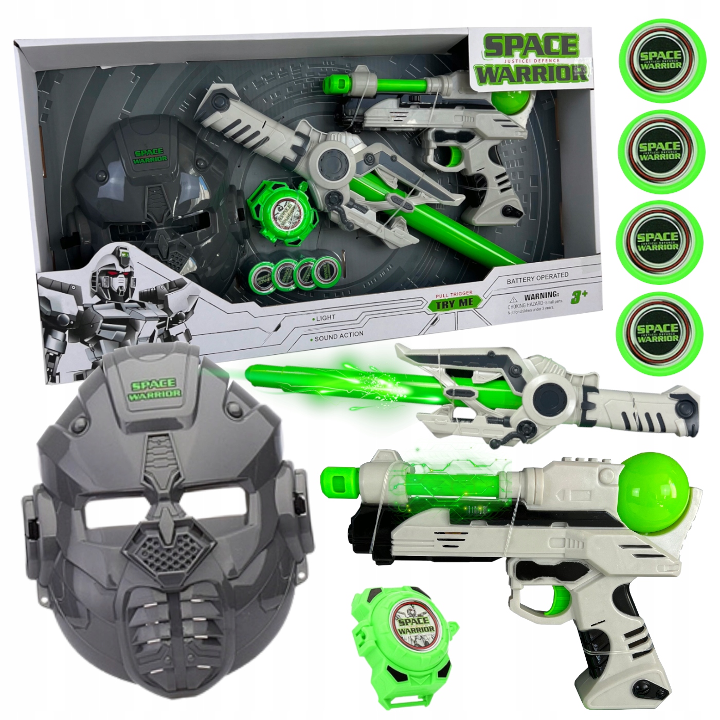 ZESTAW KOSMICZNY dla dzieci PISTOLET MASKA LED DŹWIĘK MIECZ ŚWIETLNY +