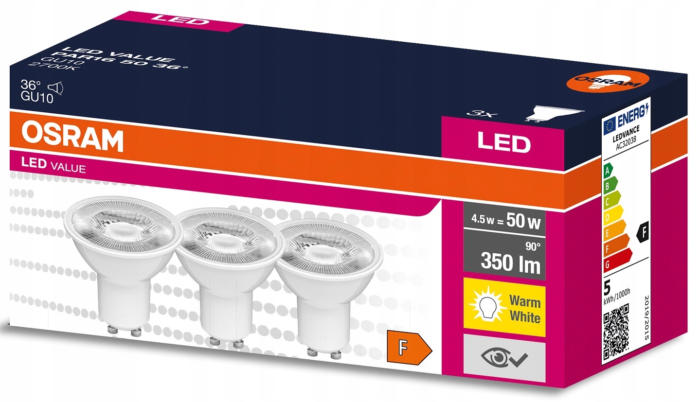 

3 x Osram reflektor Value Led 4.5W 2700K GU10 36 °