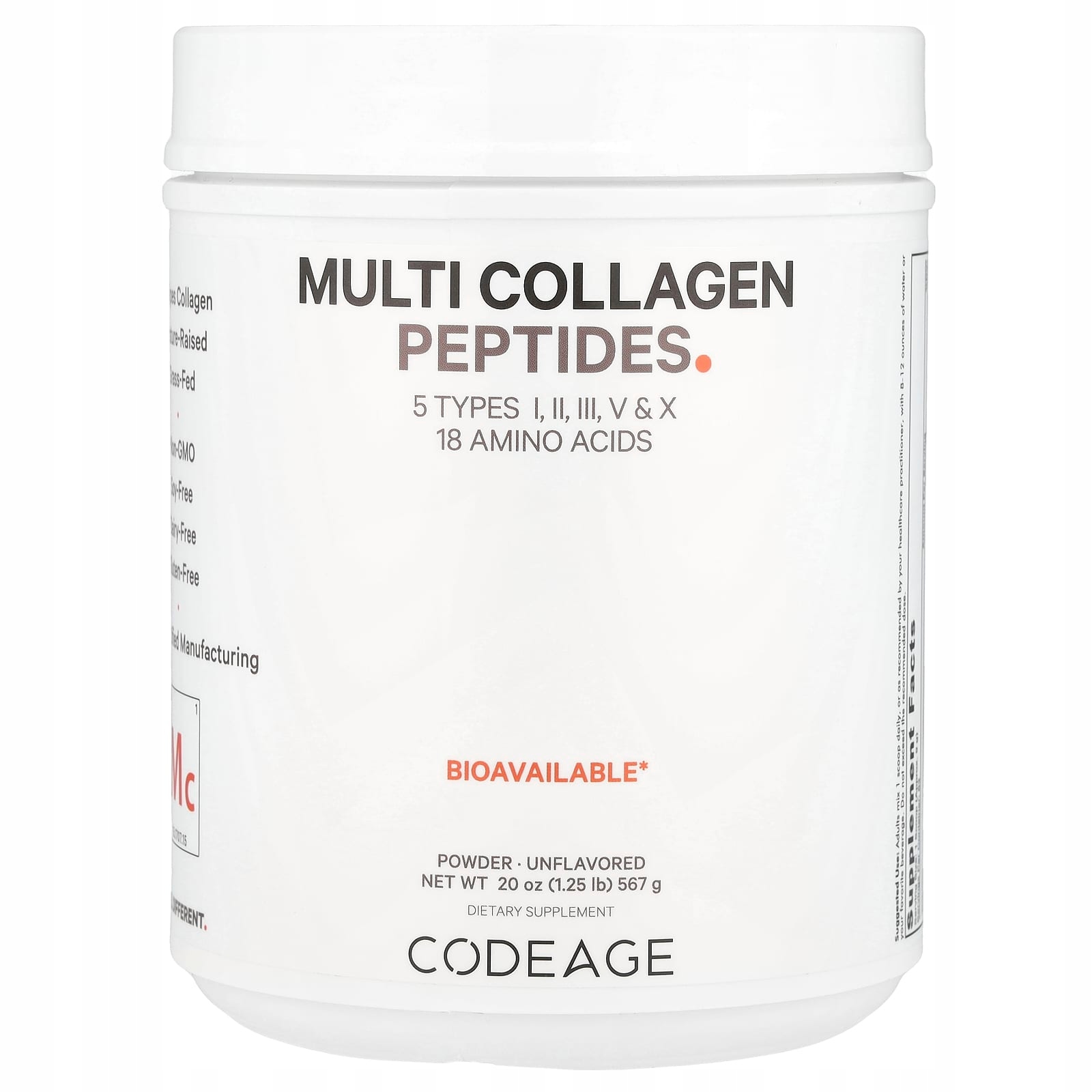 Codeage, práškové multikolagenové peptidy, bez chuti, 567 g
