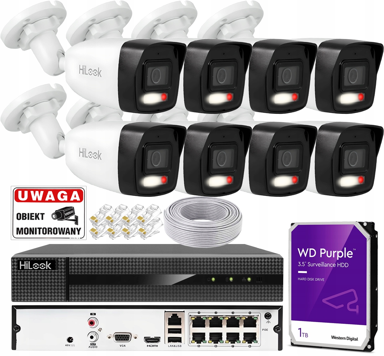 Sada pro Ip monitorování HiLook 8 kamer 4MPX Dual Light PoE rekordér 1TB