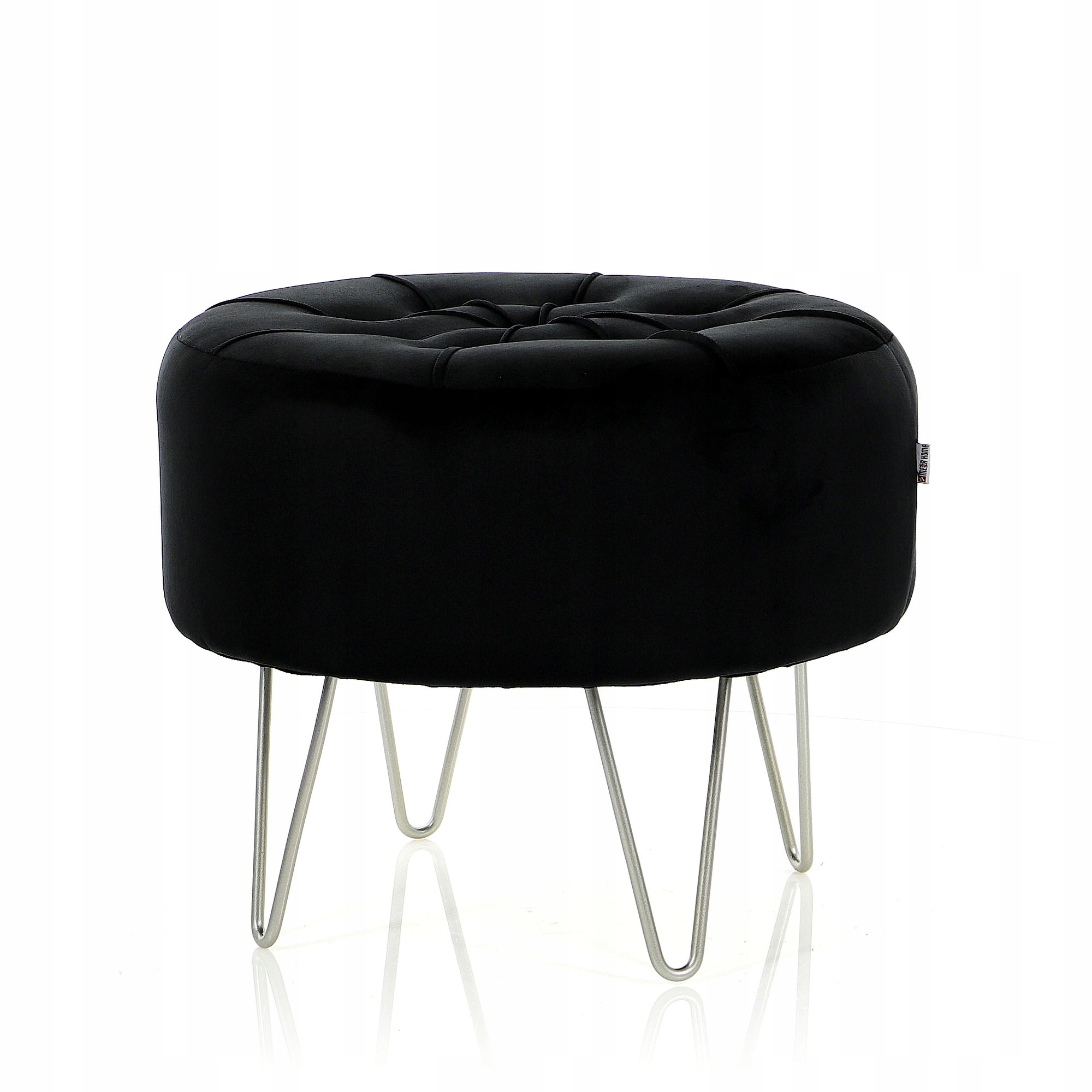 Pufa Welurowa Srebrna Czarna Welur podnóżek 38cm Szerokość mebla 47 cm