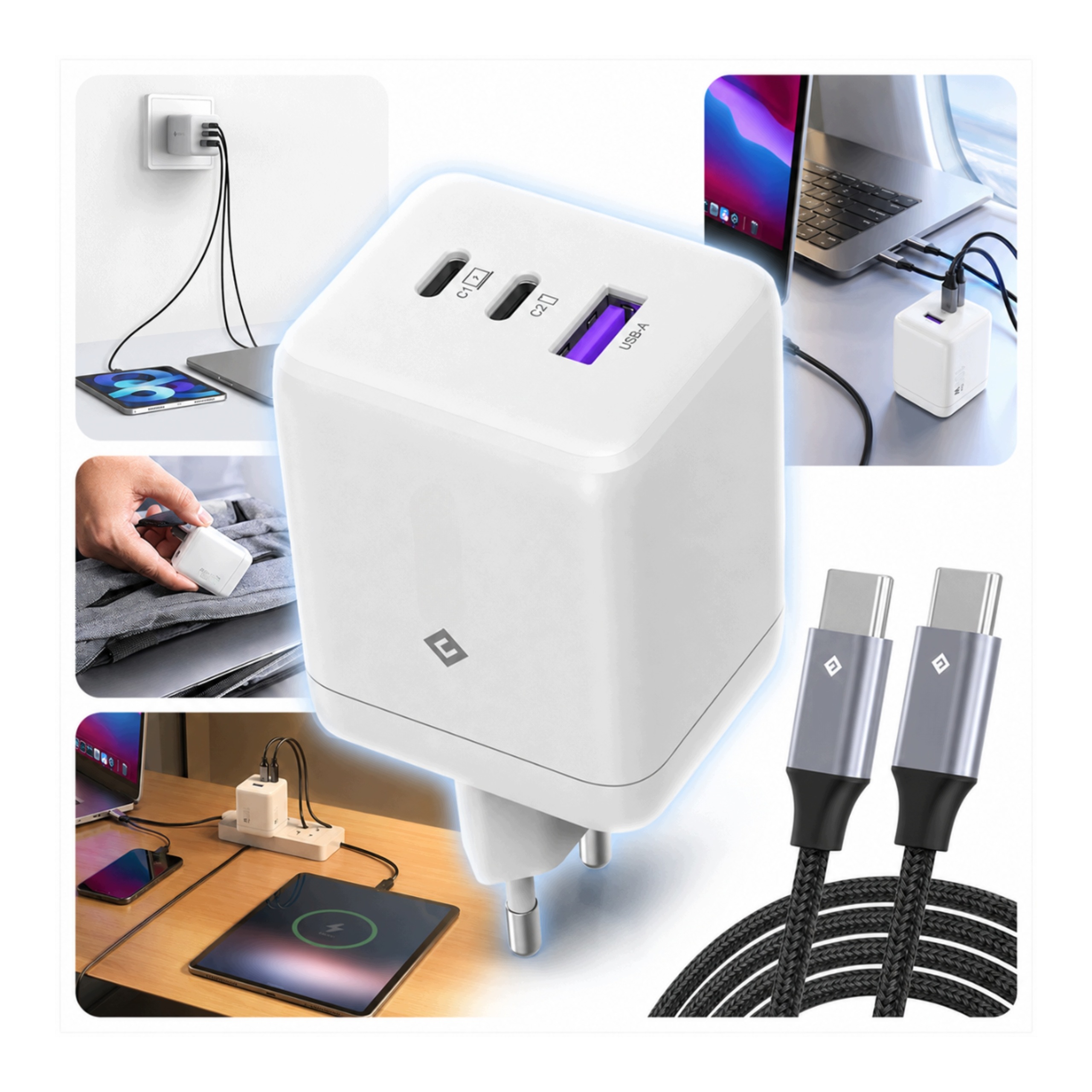 Ładowarka Usb C 100W Szybkie Ładowanie 3 porty Do Laptopa Telefonu Biała