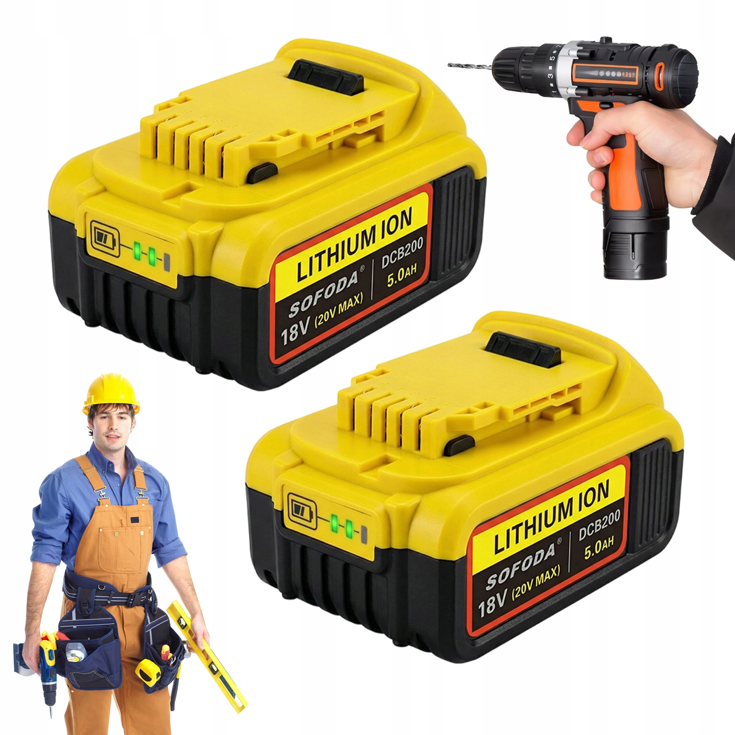 Balíček 2X Náhradních Baterií Pro Dewalt 18V 5000MAH Led Diody Žluté